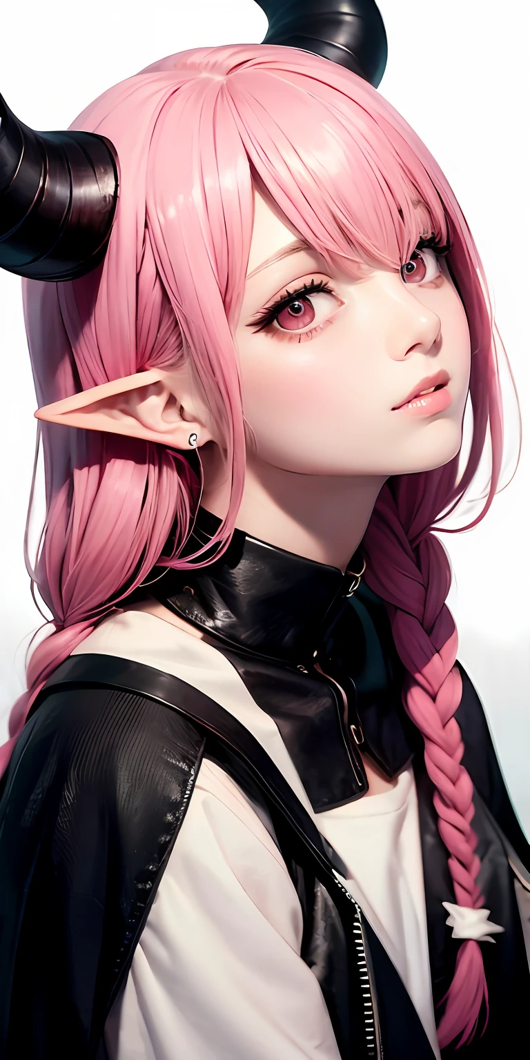 best quality, masterpiece,pink hair, pink eyes, black clothes, looking up, upper body,hair strand,Fair skin,side braids, horns
