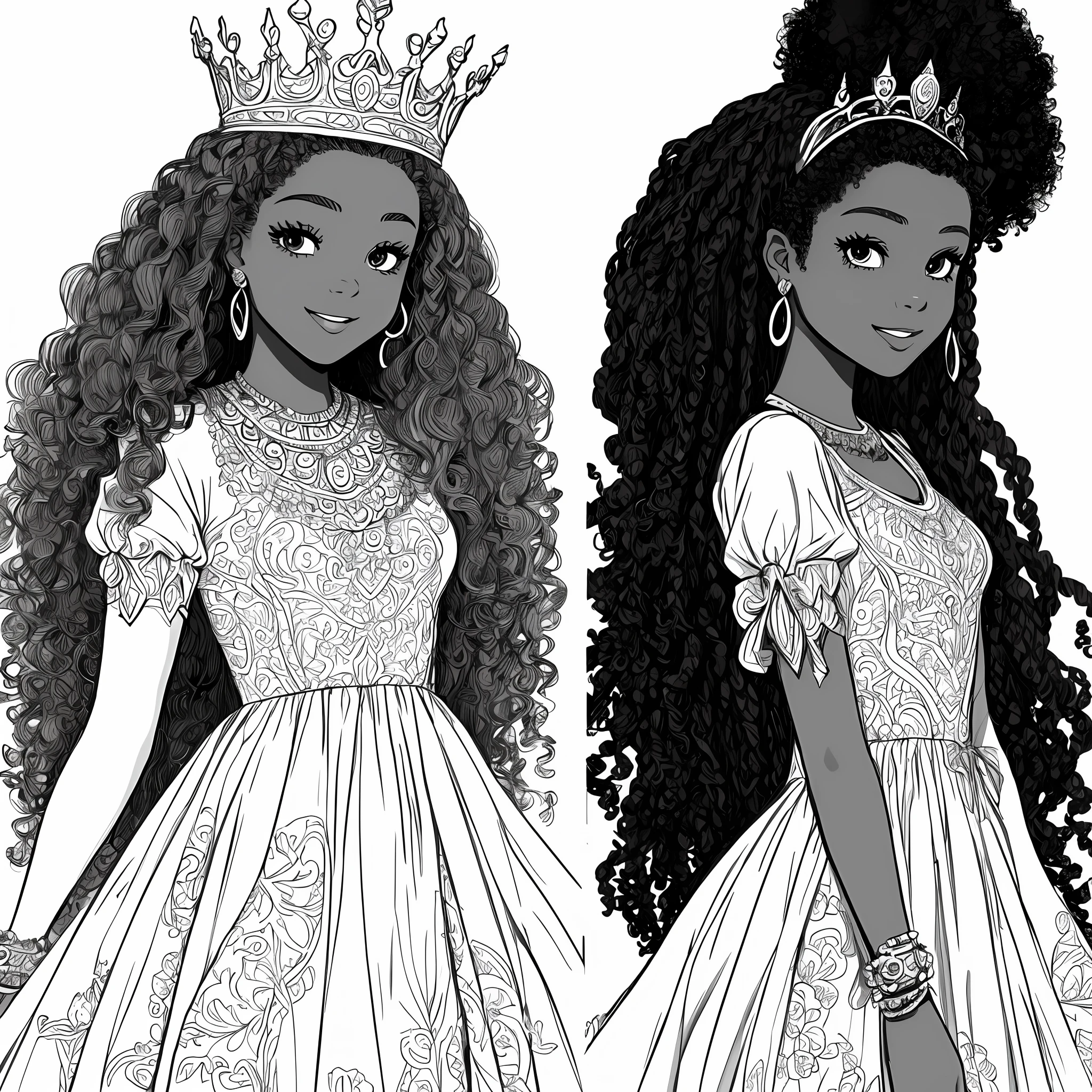 Drawing of a 13-year-old black afro princess with curly curly hair tied with a crown on her head (coloring book page) desenho estilo Disney 1970 infantil para colorir vestido sem cor sorrindo obra prima (fundo branco) Simple linear strokes to color full body with afro black skin color and white dress for a coloring book page with medium hair masterpiece (vestido simples) . White dress variations to color different dresses without color alone white background alone Disney style drawing -- --auto