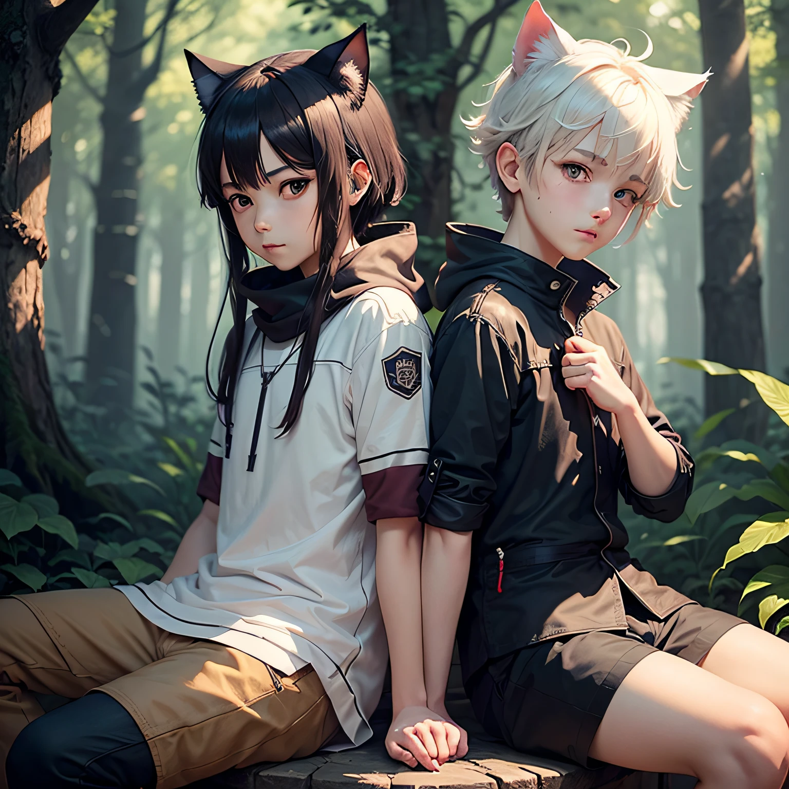 2 Boys （（Cat ears， shylily））， tmasterpiece，ln the forest， Best quality at best， ultra detali， catss， --auto