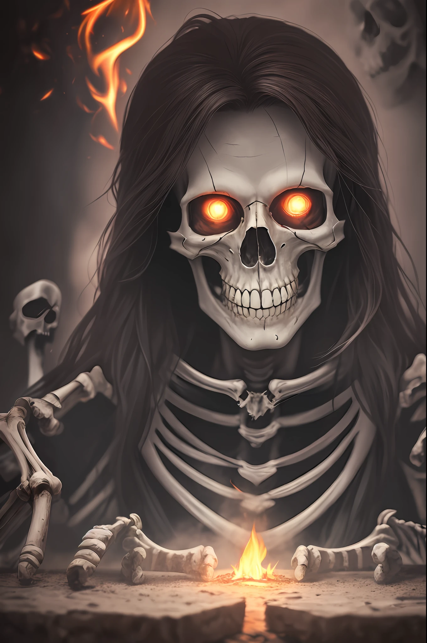 C:\Users\ColdPyro\Desktop\fotos Necromancer, hyper-detailed, macabre smile, ominous fog, hyper realistic, Dungeons and Dragons, cemetery background, eyes shining magic, skeleton hand on shoulder, bone table, part of the face is made of bones, 8k - - --auto --s2