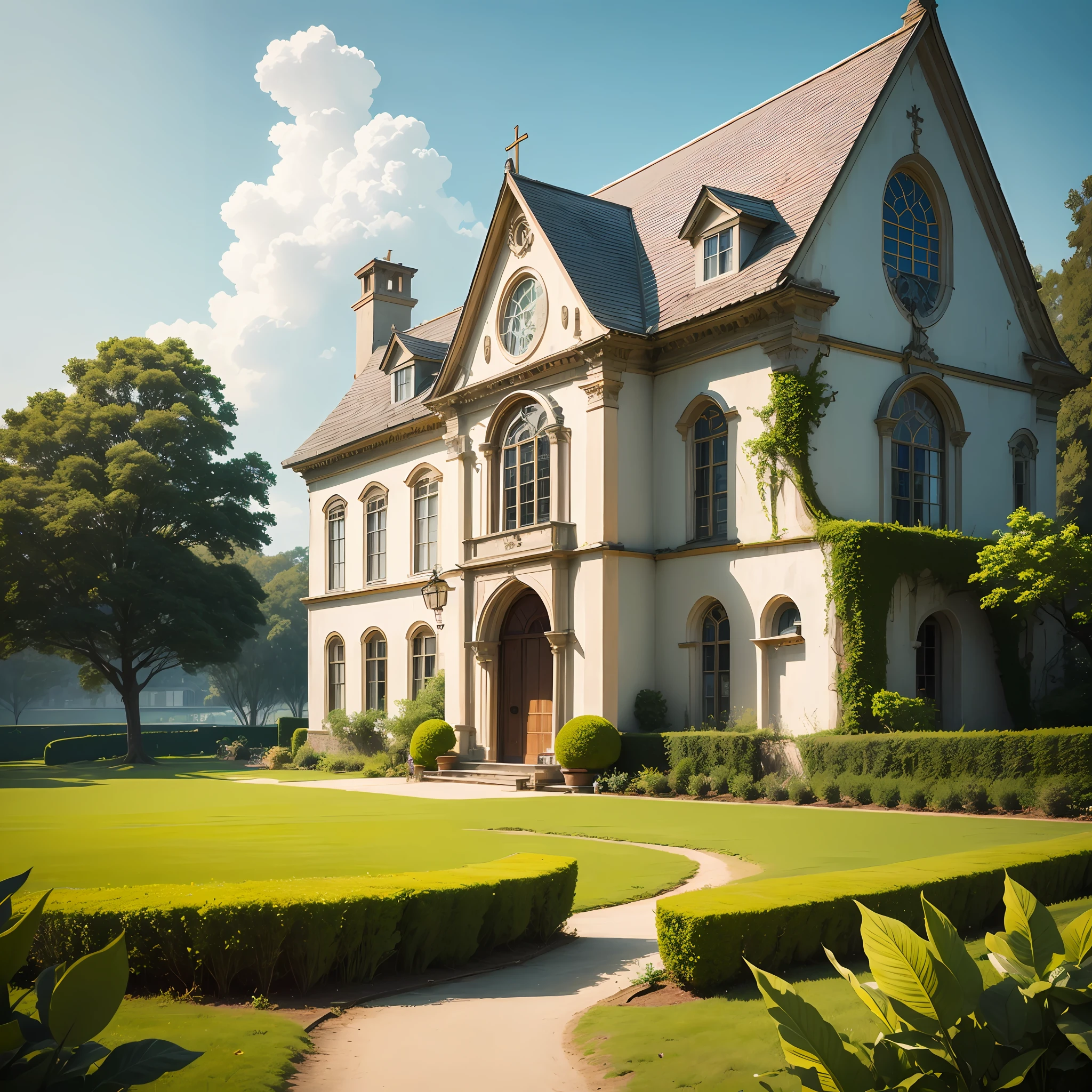 A large mansion and gorgeous green field background, velha senhora olhando pela janela