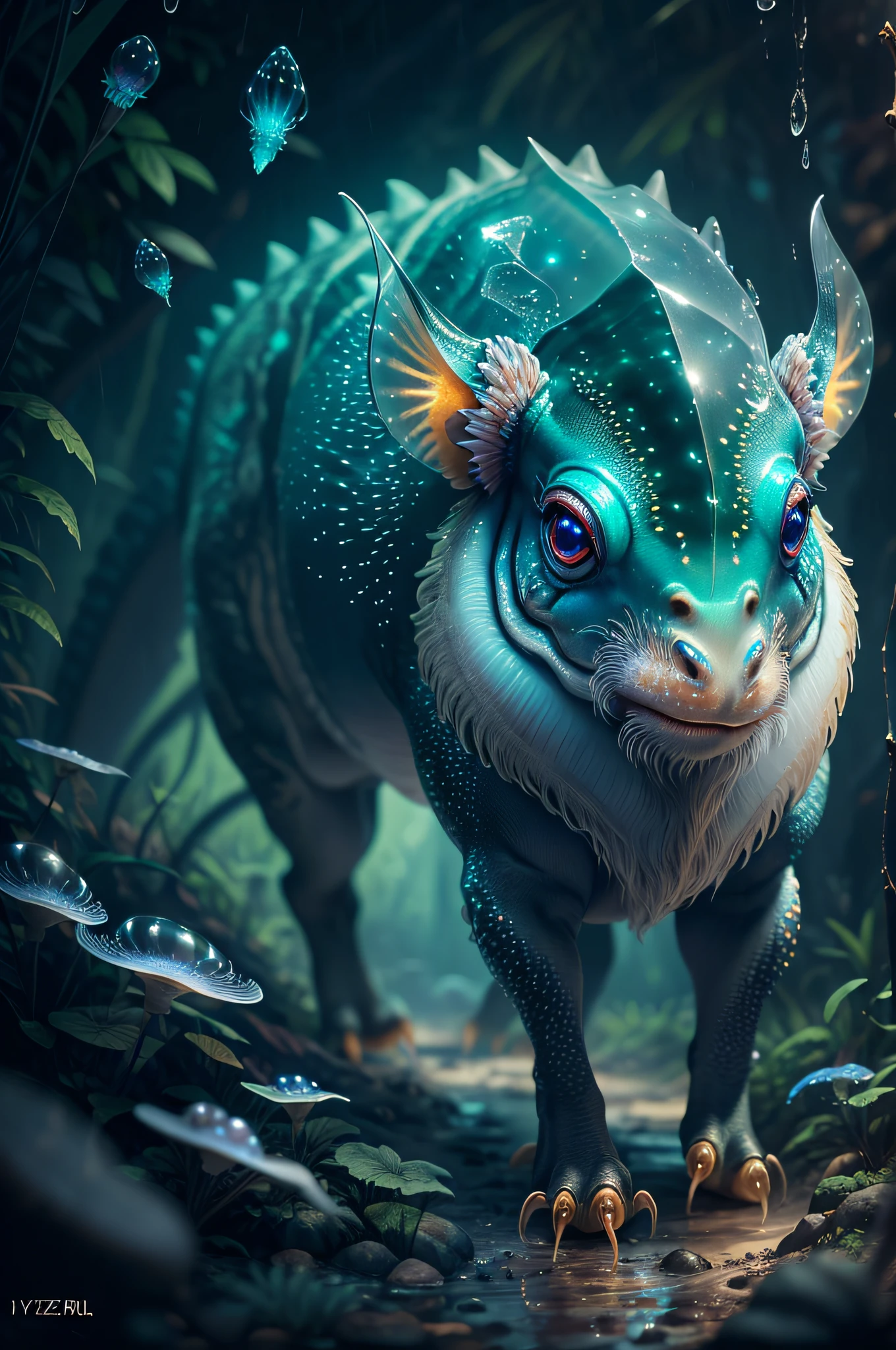Big creature like dinozaur, wise look, calm, feelers on the head, buffalo posture, crystal clear, six legs, glow around it, luminous lines inside the body,  with six legs creature with transparent and lighting body, walking on all six legs, (((cuttlefish head))), ((four eyes)),jellyfish transparent body, six leghs, in the jungle, jungle, rain forest, high image quality, realistic look, high-resolution photography, 8K, full-frame matrix, deep shadows, ((one character)), (intricate details, subsurface scattering, hyperdetailed:1.15), (hyperrealism, volumetric lighting, sharp:1.5) Fujifilm XT3
