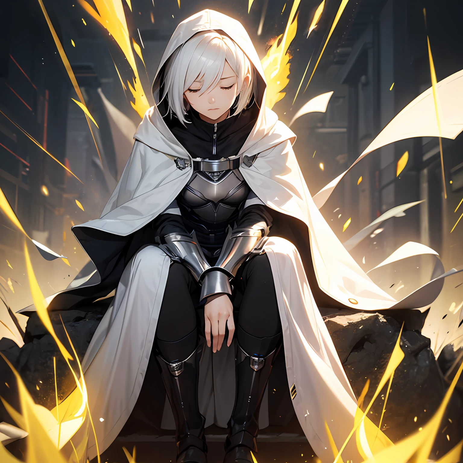 short hair, concentrated face, white hair, closed eyes, combat suit, full white metal armor, android, human appearance, adult female, dress cape, hooded robe, yellow aura, sitting, floating in the air --auto