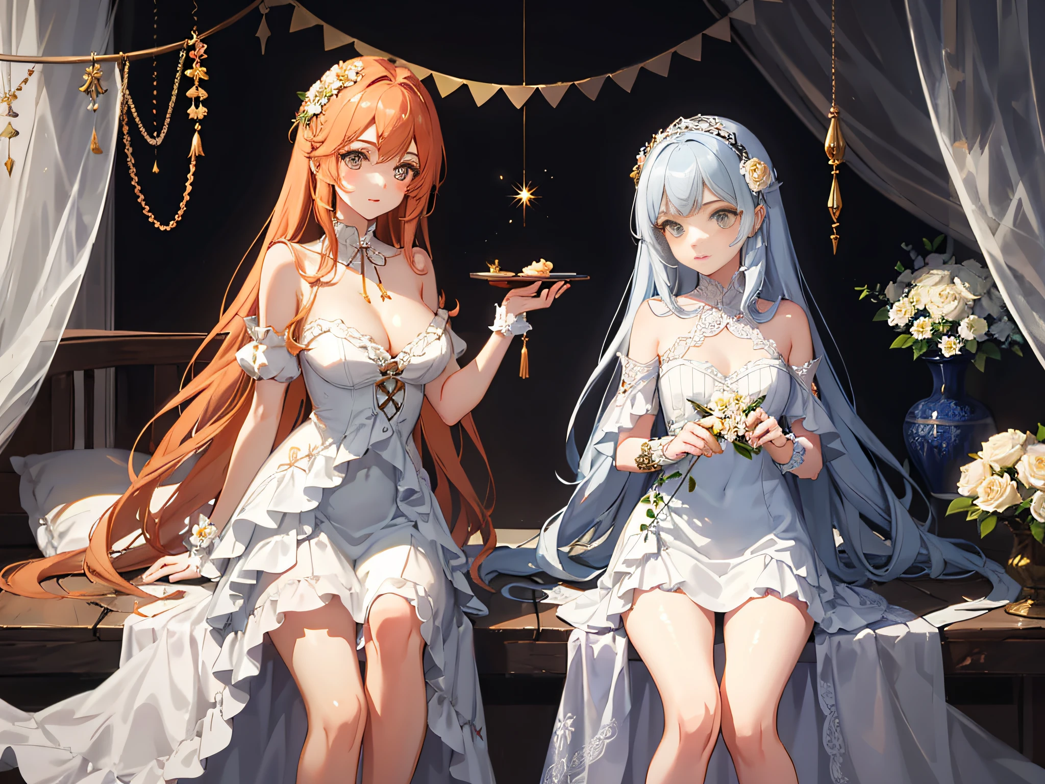 Pastel colors, serene, Extremely detailed, Whimsical, kawaii, adolable, Intricate in a whimsical field,Time dances between eras, envision a serene tableau. Behold a young enchantress, her hair a cascade of ethereal orange locks, contrasting delicately against her porcelain skin. She dons a frilled, Layered floral dress,Reminiscent of days gone by, an intricate tapestry of lace and silk. Within her boudoir, a room adorned with precious trinkets, plush fabrics, and dainty floral patterns, her innocence radiates like a budding flower in a sunlit garden.