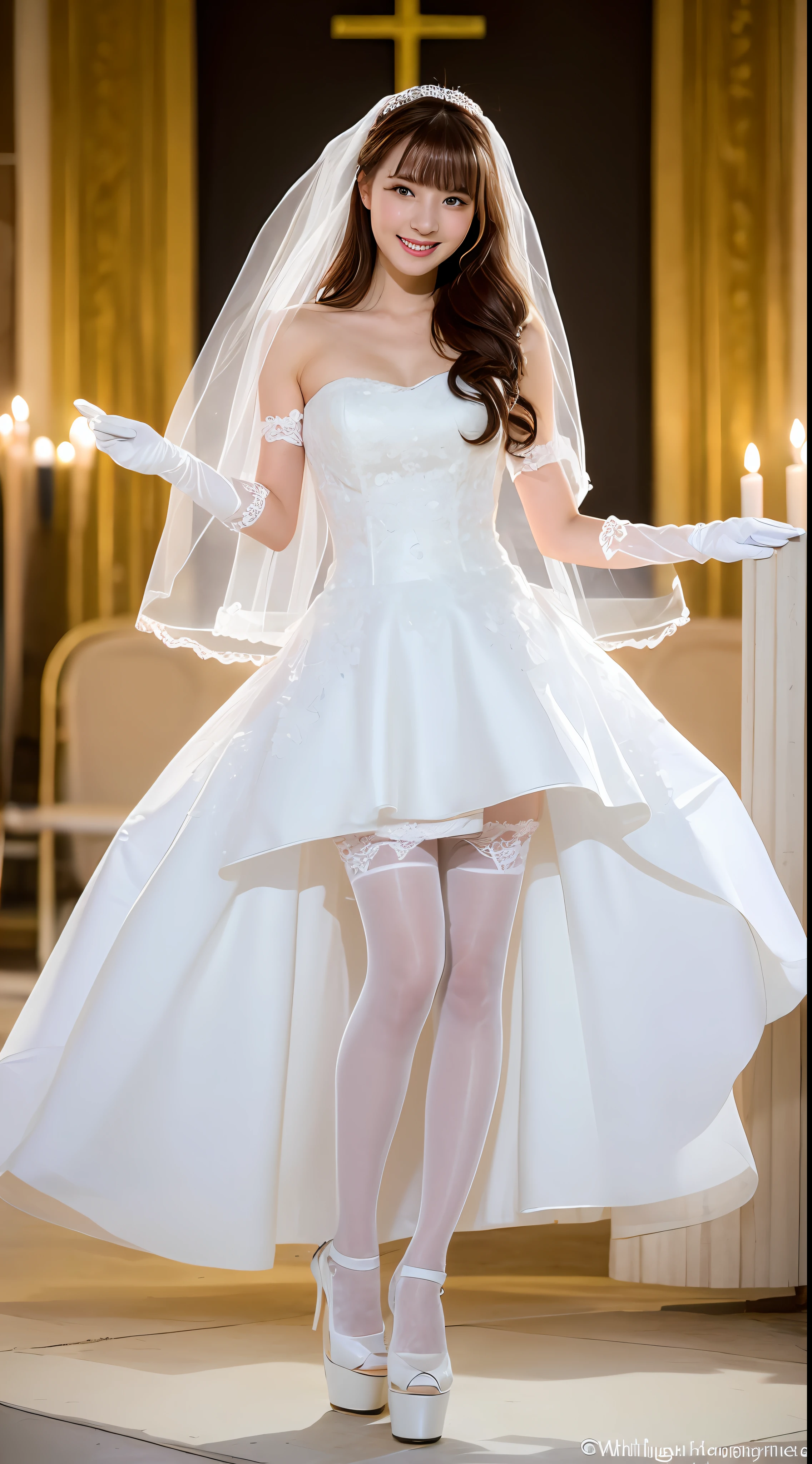 ((highest quality、masterpiece:1.3)), fullllbody, the Long legs, foco nítido:1.2, Cute woman with perfect body shape smiling face:1.4, Slender Abs:1.1, ((dark brown hair、hugetits:1.2)), (White see-through wedding dress、White veil、White see-through long gloves、White see-through stockings,White high heels、is standing:1.2), ((chapel:1.3)), Highly detailed facial and skin texture, A detailed eye, 二重まぶた、hugetits、You can see up to your feet