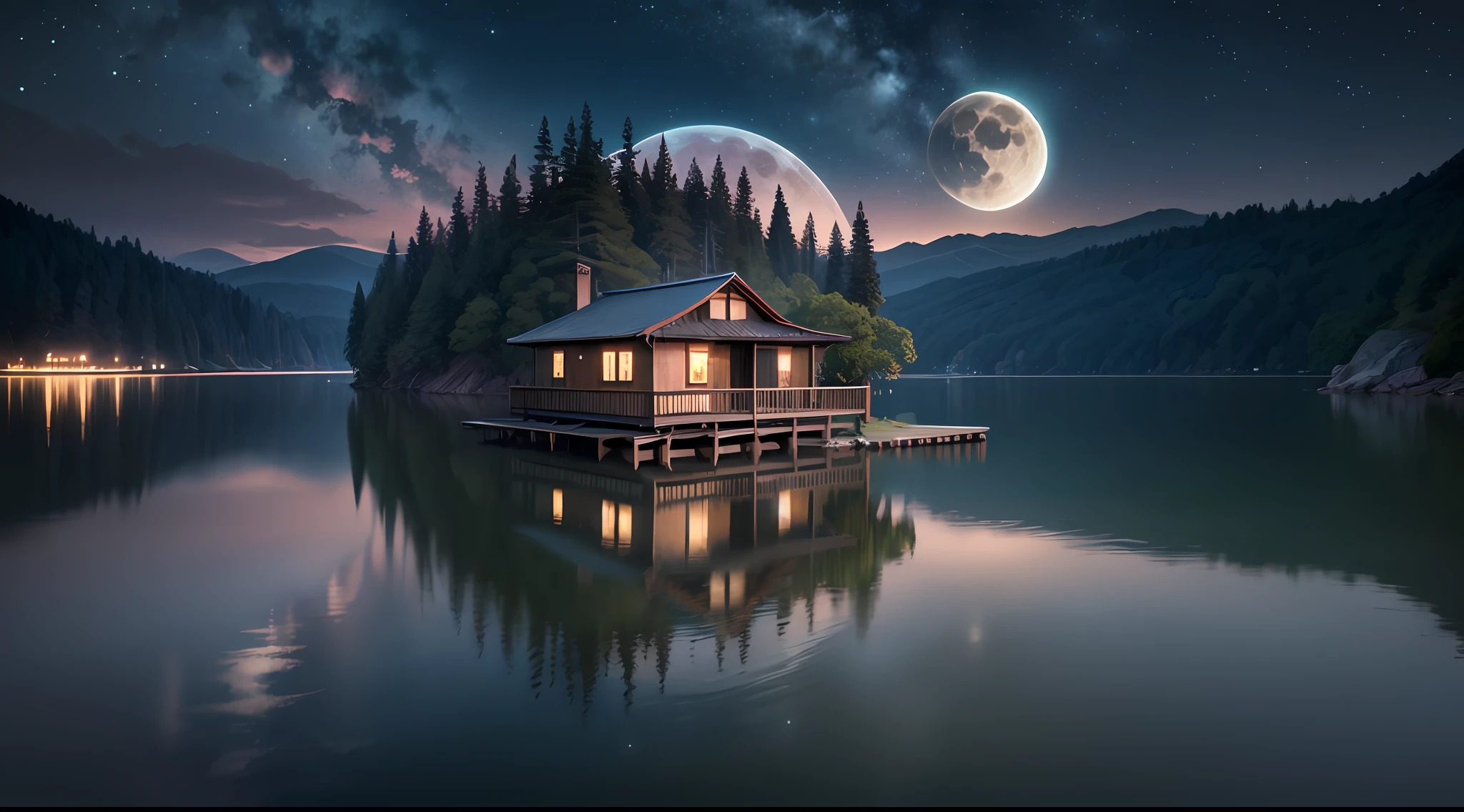 Noite muito estrelada. Uma lua gigante atras das montanhas. Casas de um vila. Um lago tranquilo refletindo a noite. Cena realista, detalhada, fotorealismo, 8k