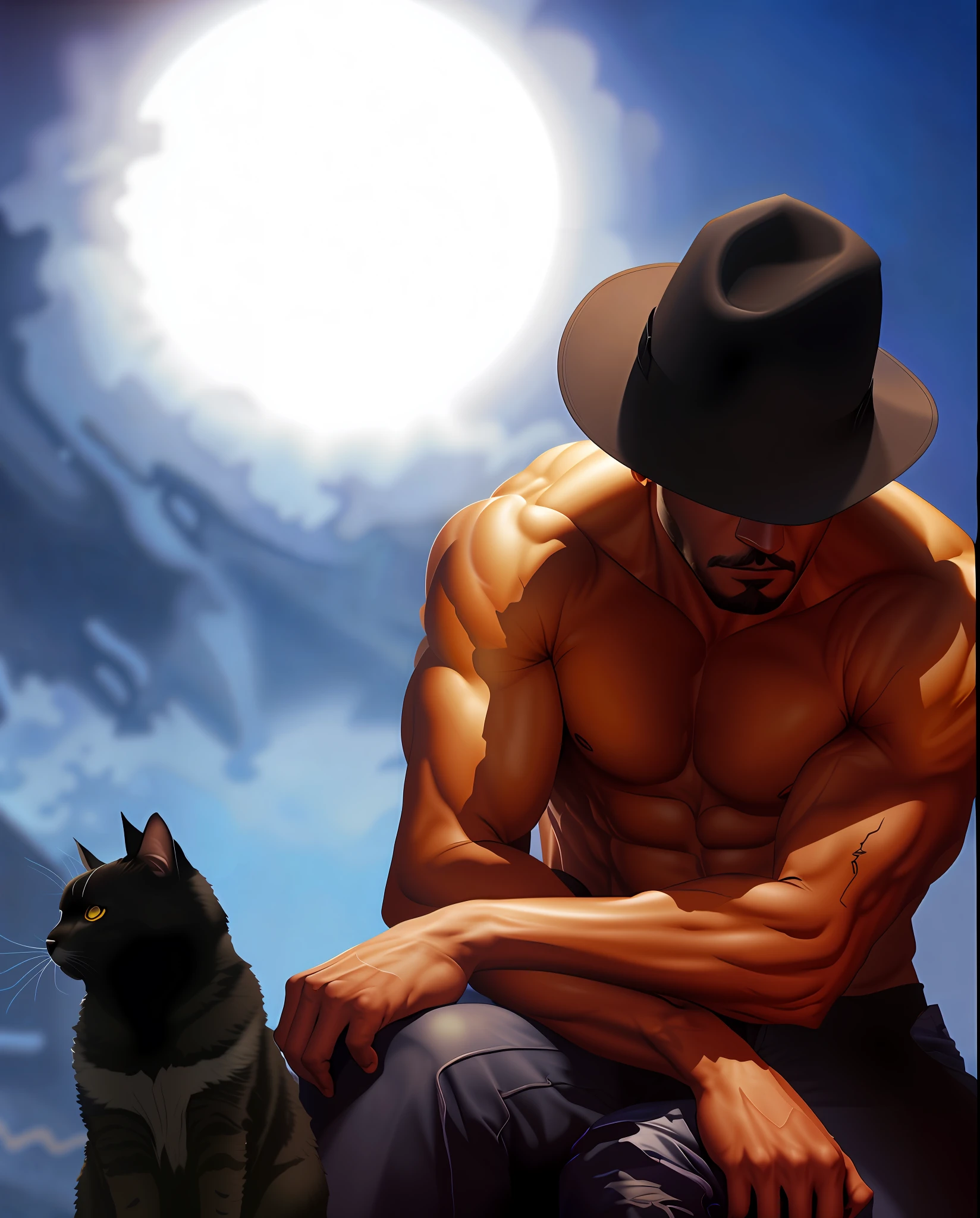 There is a handsome athletic and muscular man sitting on a rock with a cat, under the intense light of the full moon shining in the sky above them. Jessé McCree, Tarot card from a shirtless cowboy, vaqueiro, Detetive Noir e um Fedora, pintura digital", fan art, McCree de Overwatch, stylized digital illustration, inspirado em Tim e Greg Hildebrandt, imagem de fundo, inspired by the Brothers Hildebrandt, Jotaro, apertar os olhos ao meio-dia