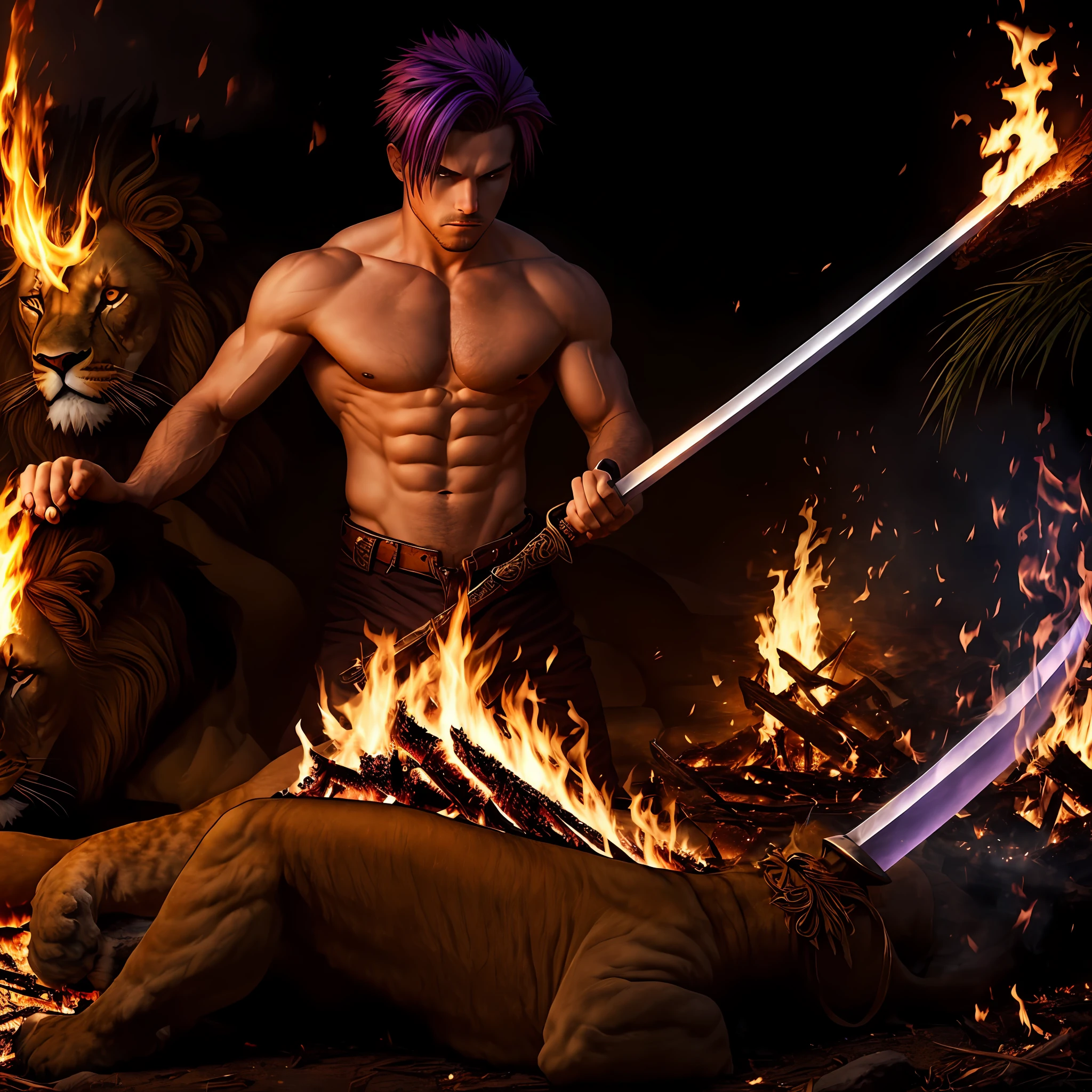 Man with shirtless abdomen purple hair and red eyes Brown skin two legs five fingers two arms holding a fire sword on top of a fire lion --auto