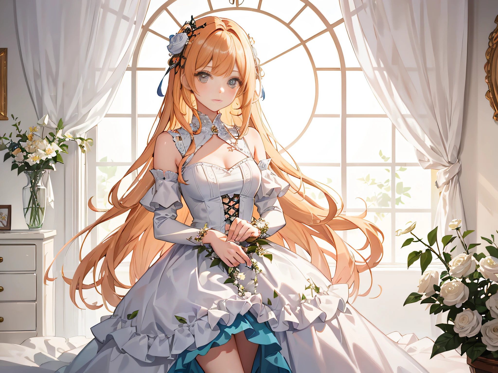 Pastel colors, serene, Extremely detailed, Whimsical, kawaii, adolable, Intricate in a whimsical field,Time dances between eras, envision a serene tableau. Behold a young enchantress, her hair a cascade of ethereal orange locks, contrasting delicately against her porcelain skin. She dons a frilled, Layered floral dress,Reminiscent of days gone by, an intricate tapestry of lace and silk. Within her boudoir, a room adorned with precious trinkets, plush fabrics, and dainty floral patterns, her innocence radiates like a budding flower in a sunlit garden.