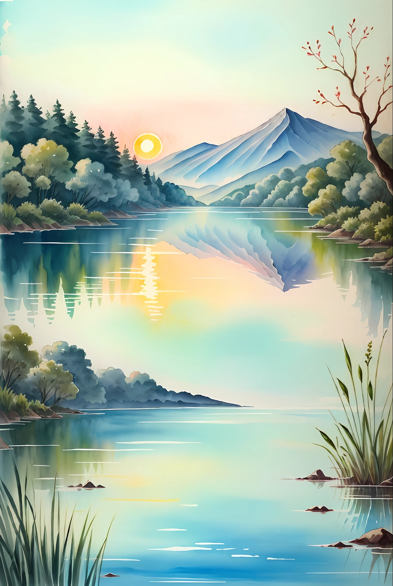 ( acuarela \(Medio\), dibujo, Lago tranquilo al amanecer