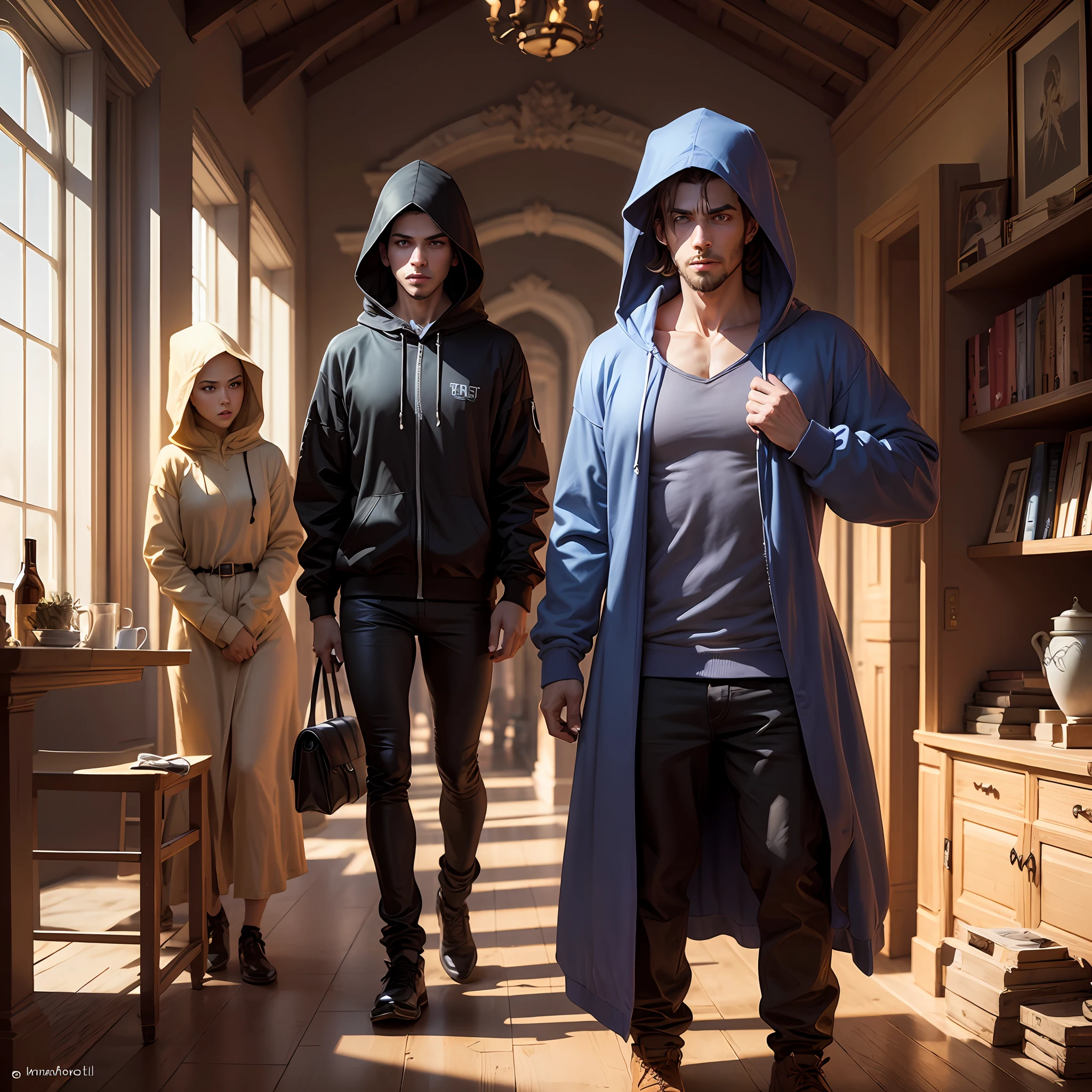 Three thieves stealing inside the hooded mansion
