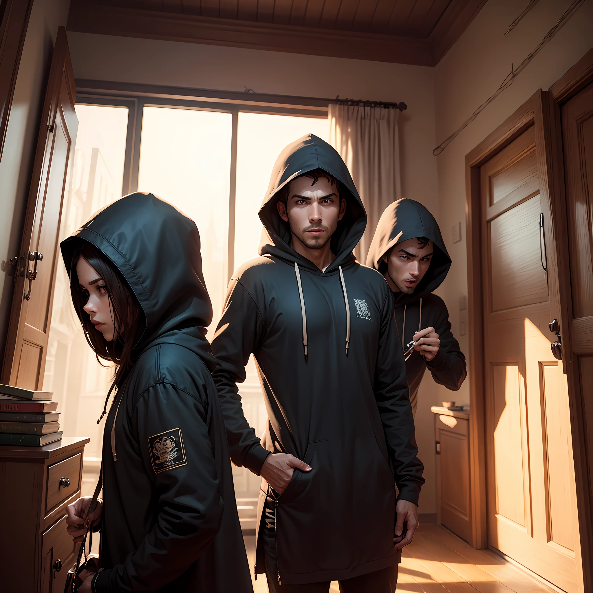 Three thieves stealing inside the hooded mansion