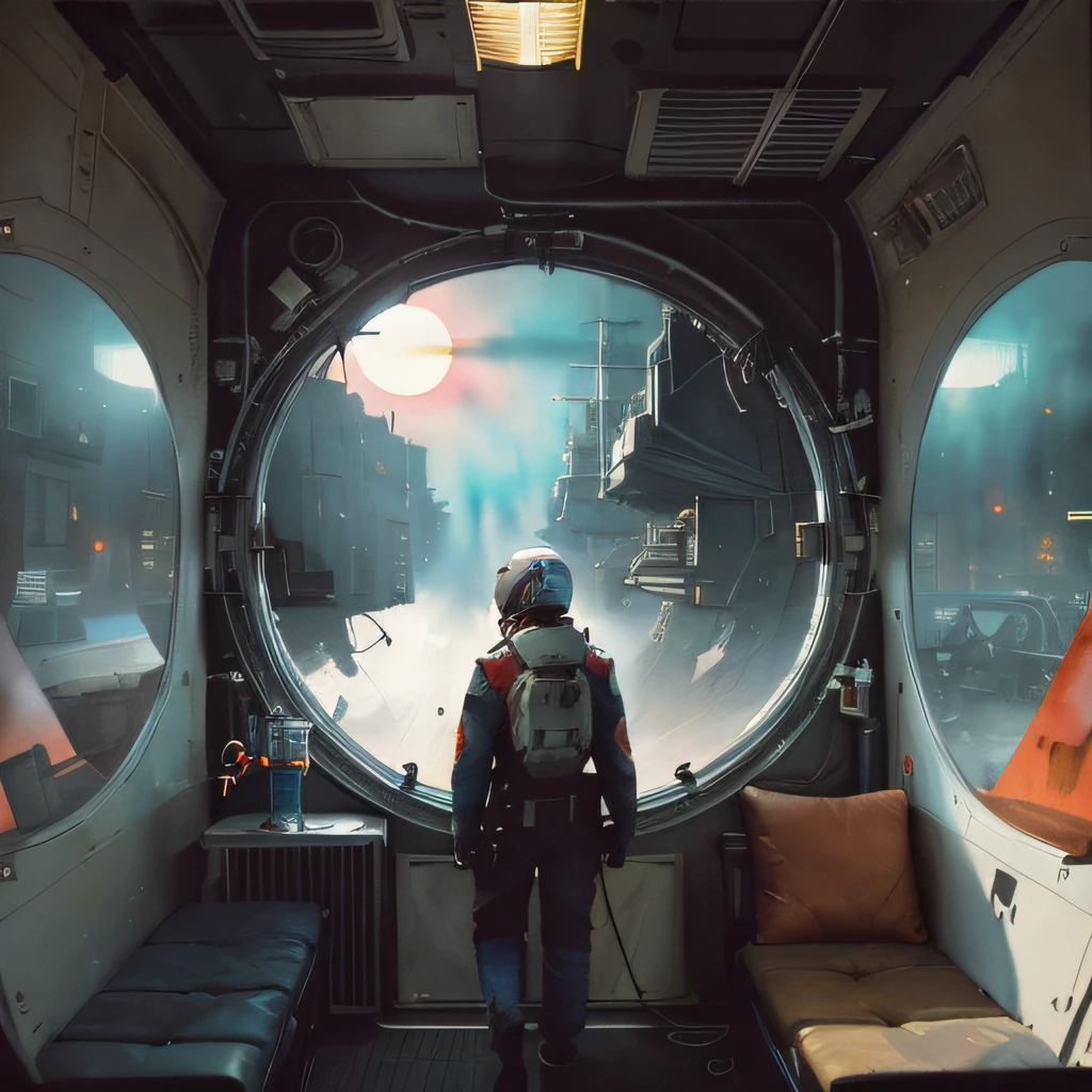 (masterpiece, top quality, best quality, extreme detailed, highest detailed, official art, beautiful and aesthetic:1.2), colorful, cowboy shot, beautiful face, solo, perfect body, 1girl, in space, spacecraft, spacesuit, sun rays, indoors, (wires and cables:1.1), (science fiction:1.2), porthole, illuminator, stars,fantasy, high contrast, ink strokes, explosions, over exposure, purple and red tone impression , abstract, ((watercolor painting by John Berkey and Jeremy Mann )) brush strokes, negative space,