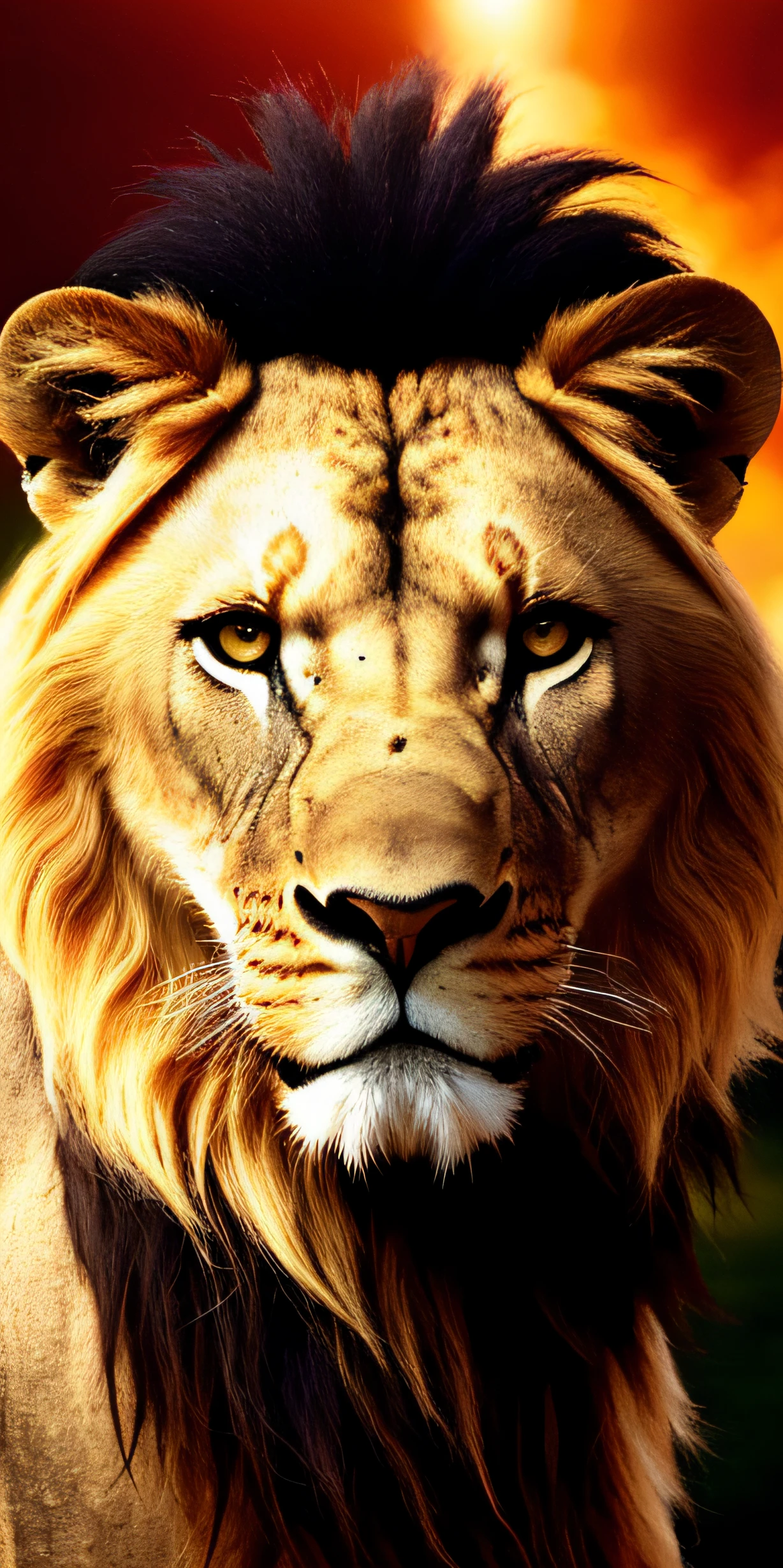(extremamente detalhado CG unidade 8k papel de parede, master part, best quality, ultra-detalhado), fundo da imagem escura, Very large lion with powerful look, Behind the face of Christ in the background, showing compassion,