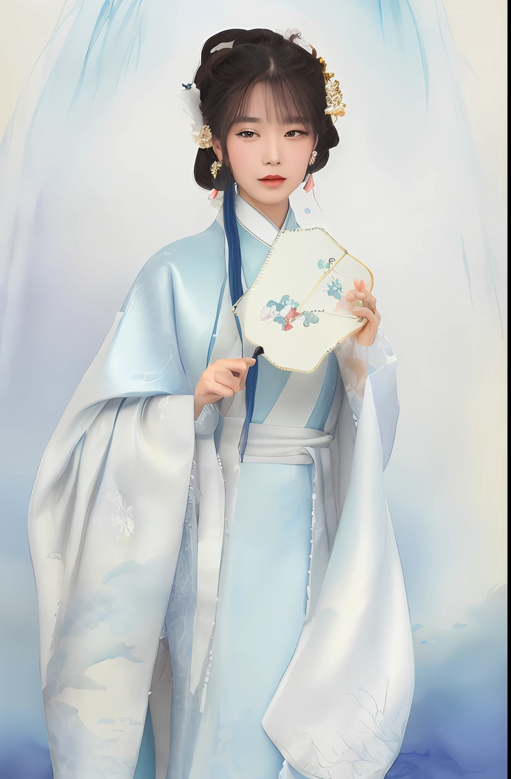 arafed woman in a blue dress holding a fan and a blue fan，A girl in Hanfu，White Hanfu，Wearing a luxurious silk cloak，Chinese costume，Inspired by Qiu Ying，queen of the sea mu yanling，style of guo hua，Elegant and antique，ink and watercolor painting，Still shooting。