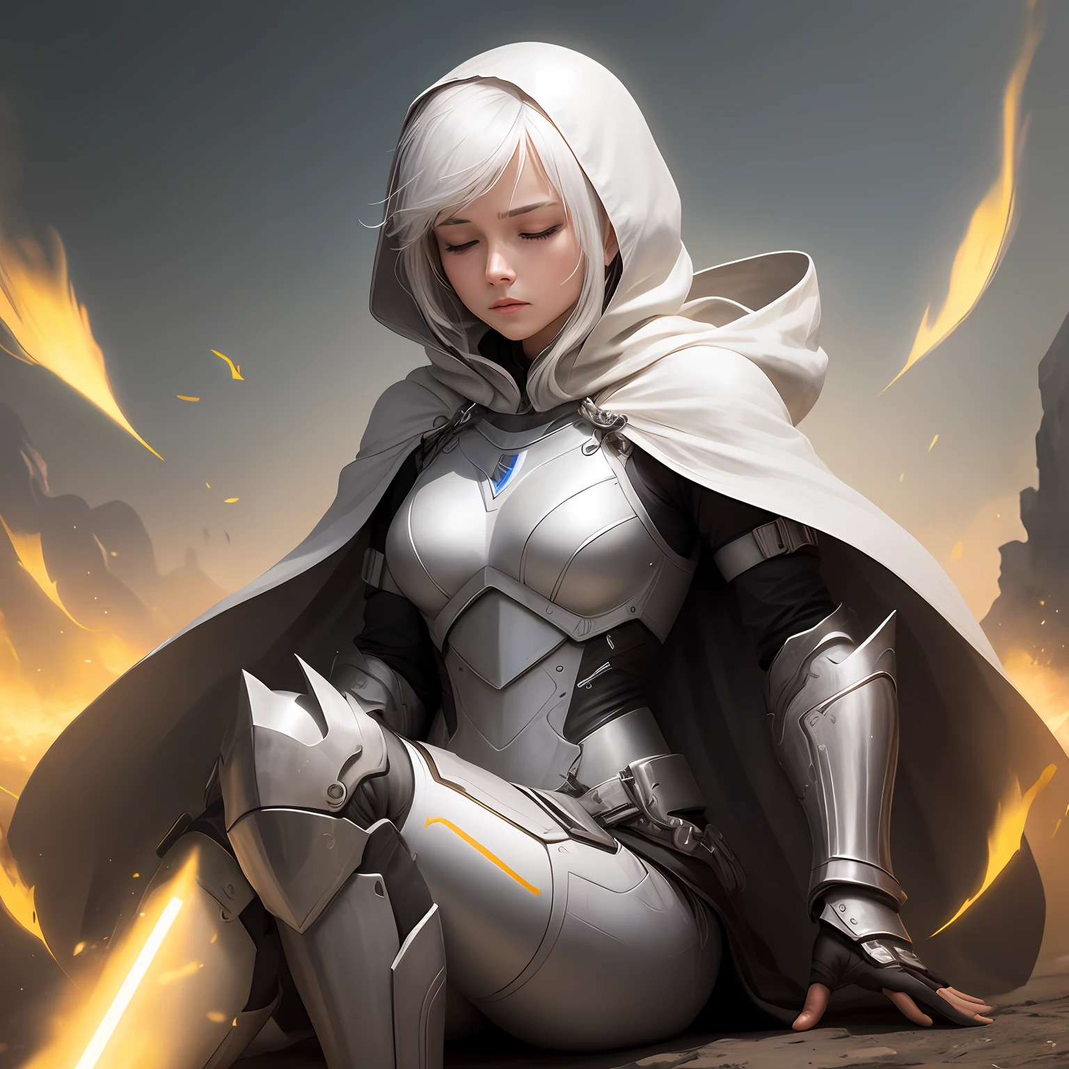 short hair, concentrated face, white hair, closed eyes, combat suit, full white metal armor, android, human appearance, adult female, dress cape, hooded robe, yellow aura, sitting, floating in the air --auto