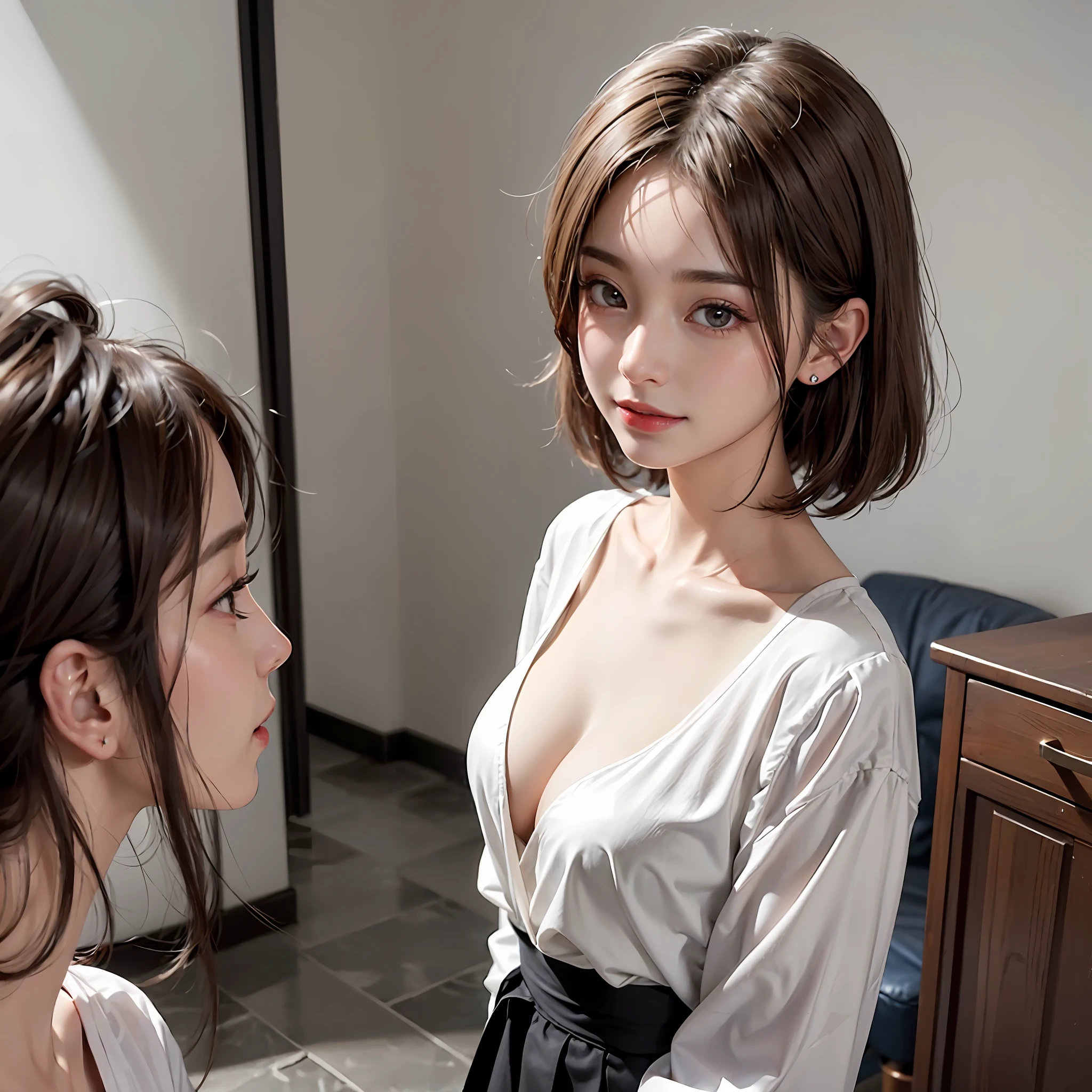 1 rapariga、​masterpiece、highest  quality、realisticlying、realisitic、Seductive bright smile、short clean hair、Loose business shirt、enticing eyes、(Show cleavage)、In a modern office、(Pure white background with really nothing from floor to ceiling)、(28 year old）、extremely detaile、full bodyesbian、neck long、Straighten your back、Put your ears out、Highlights in the eyes、lipgloss、glowy skin、White-colored skin、Clean collarbone、closes mouth、Happily、Nice proportions