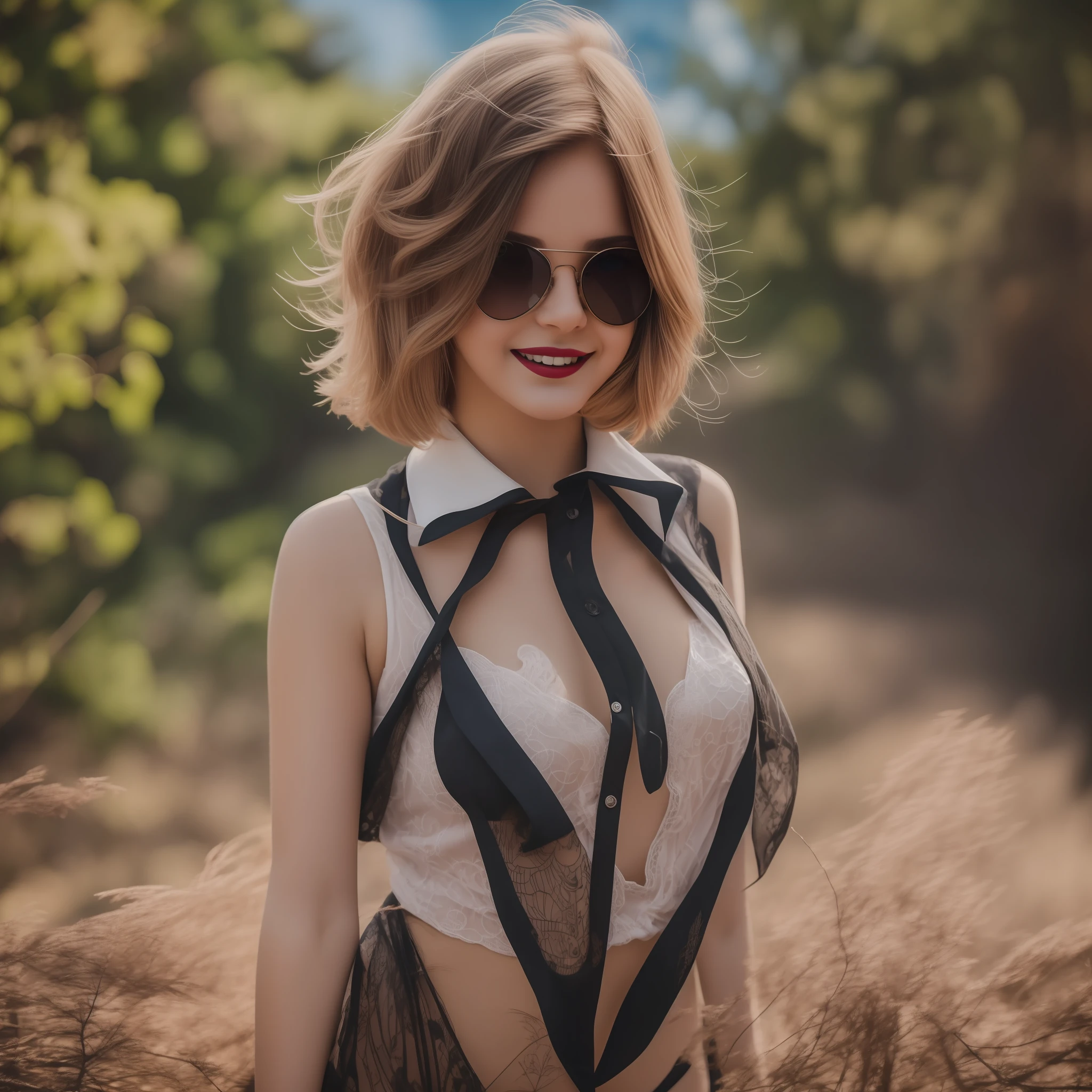 Red Hair Bob, (RAW Photography, Photorealism), (Brillo de labios muy oscuro, black tone lipstick, so many eyelashes, sombra de ojos negra, sonrisa, alta calidad, high resolusion, profundidad de campo, chromatic aberration, mapeo de fotones, caustic, people from Japan, mujeres, chicas, adolecentes, girl ren), gafas, sujetador blanco, collar, una mujer, pendientes, pulsera, suave aspecto grande, buen estilo, figura esbelta, la punta del es claramente visible, The body line is very sexy,bresalen, the skin is very exposed, la areola eble,