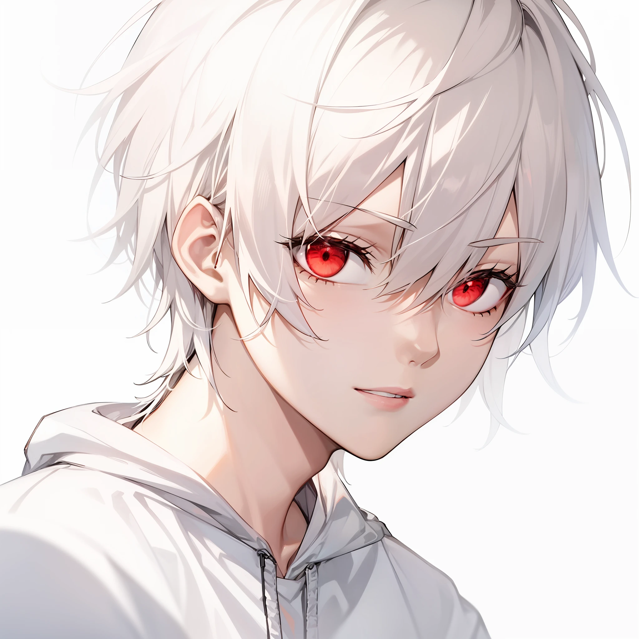 Anime boy with white hair and red eyes staring at the camera, glowing red eyes