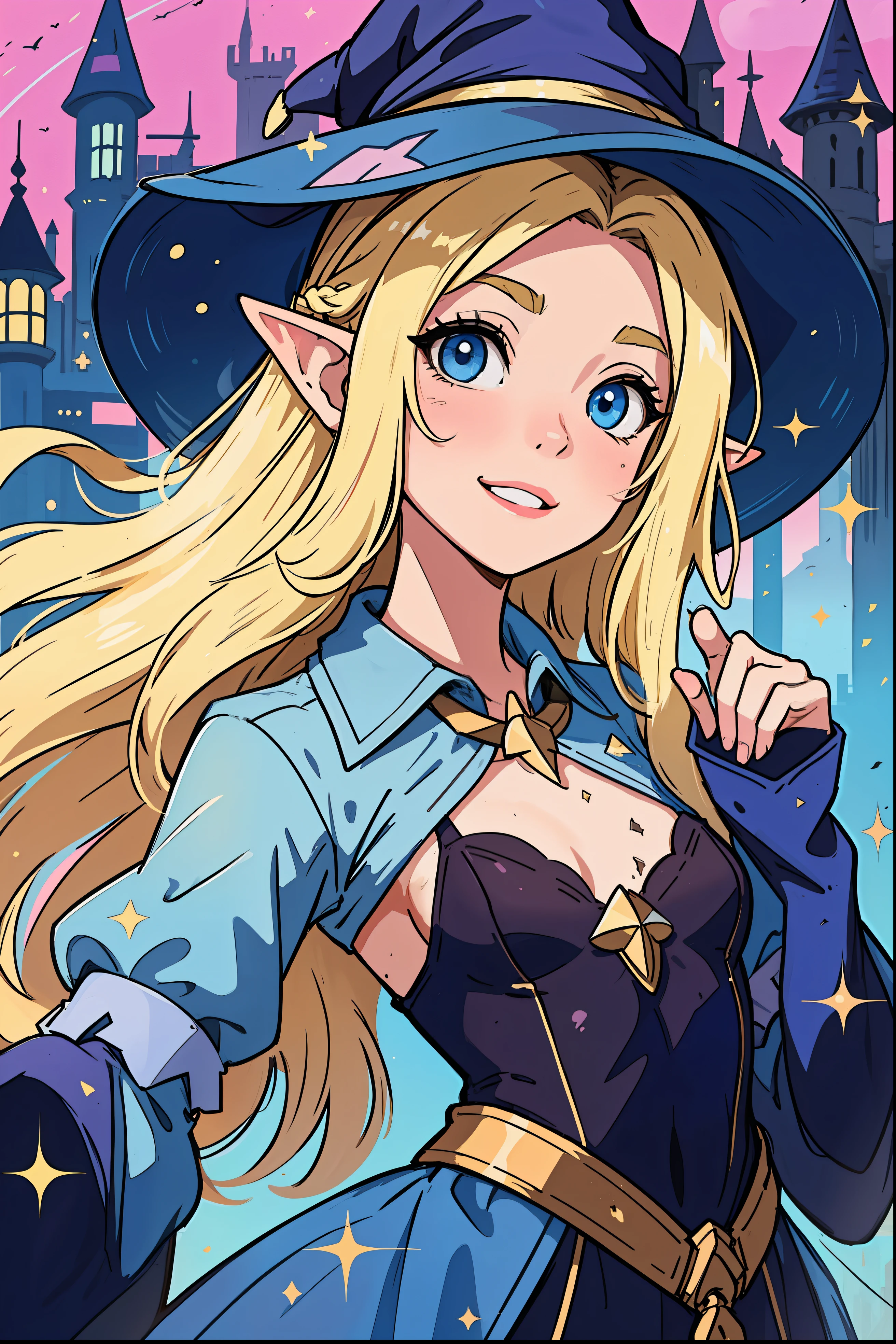 The perfect masterpiece,Highest quality,Perfect artwork,8K,Upper Body Lens,front portrait,Delicate face,Face Close-up,Watching the audience, Wizard apprentice girl,(pointy royal blue witch hat:1.3),(white star print on hat:0.8),Magical transparent eyes,(dirty blonde hair:1.2),(young:1.4),(small breasts:1.4),flat chest,large eyes,happy,warm smile,slender,slim build,thin waist,(💖:1.3),Digital Art,plane illustrations,colorful illustration,minimalist style,anime cartoon style,fantasy city background,elf ears,fantasy academic conservative clothing,