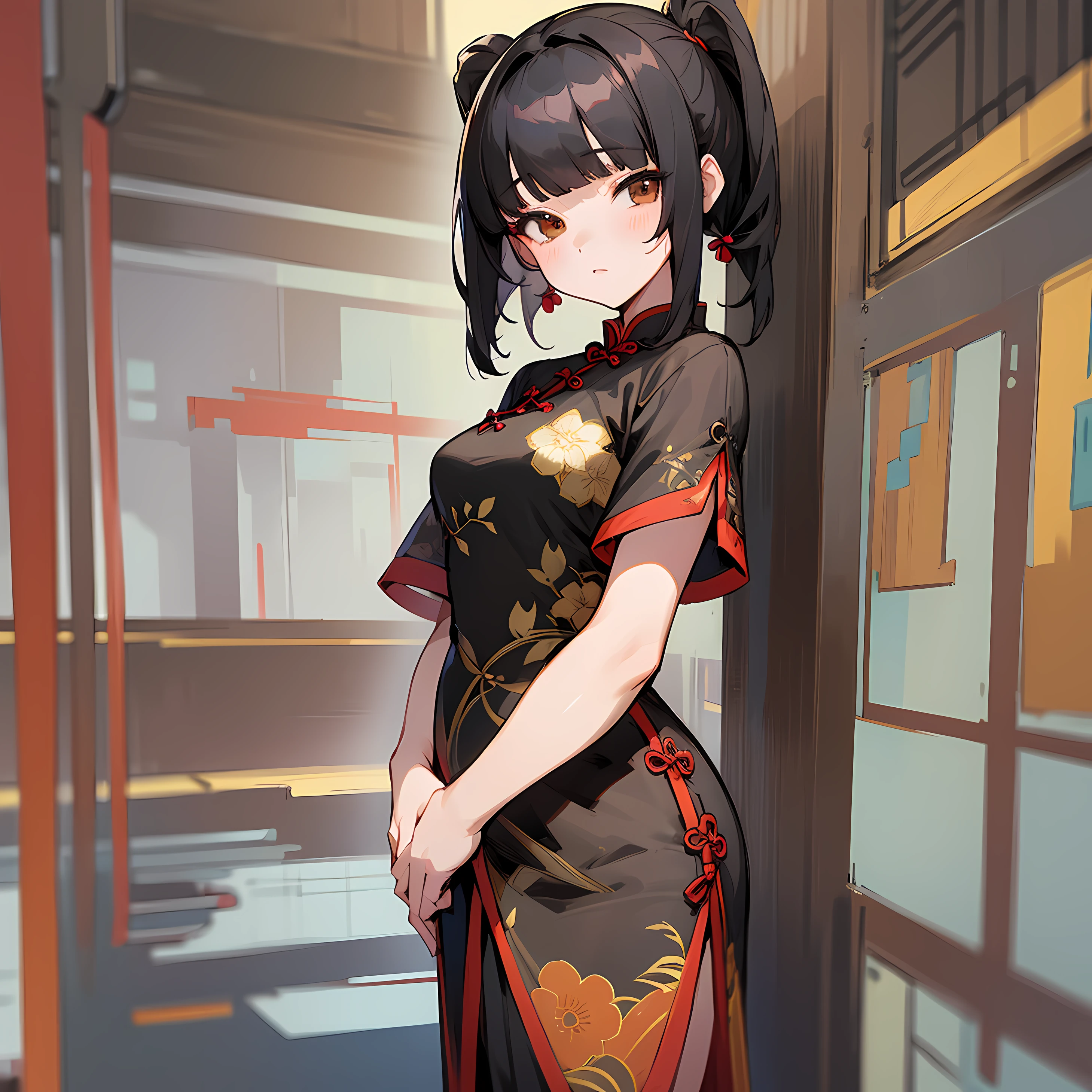 O retrato de uma menina bonita de cerca de 19 anos, Emmo tem cabelo preto, but not too long and brown eyes, usa roupas escuras de breakdancing, tem um rosto bonito e um atraente, corpo atletico. encantador, ((estilo anime)), ((ultra detalhado)), 8k, Olhos bonitos, cativante, piece of master, retrato, Sharp, bem posicionado, vista frontal