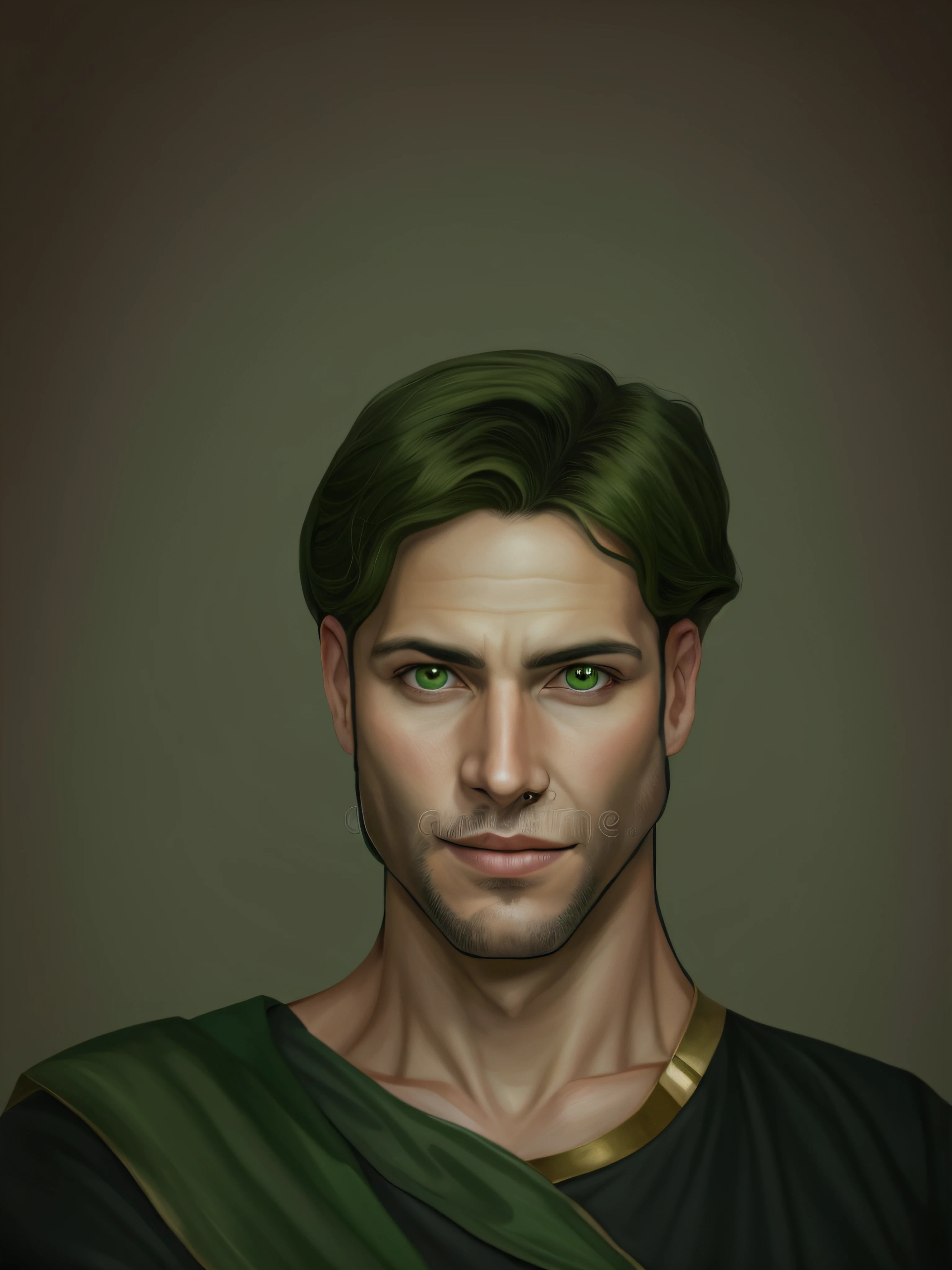 um close up de um homem com cabelo ruivo, olhos verdes, Male portrait of ancient Greece, with a green tunic, green tunic with golden collar, tecido verde claro sobre o ombro direito, digital illustration portrait, Retrato anime de um homem bonito, bonito impressionante realista, com cabelos ruivos e olhos verdes, retrato digital, retrato de arte digital, retrato de fantasia digital, Um retrato de um elfo masculino, retrato detalhado do caractere, No estilo de arte de Bowater, pintura mate digital