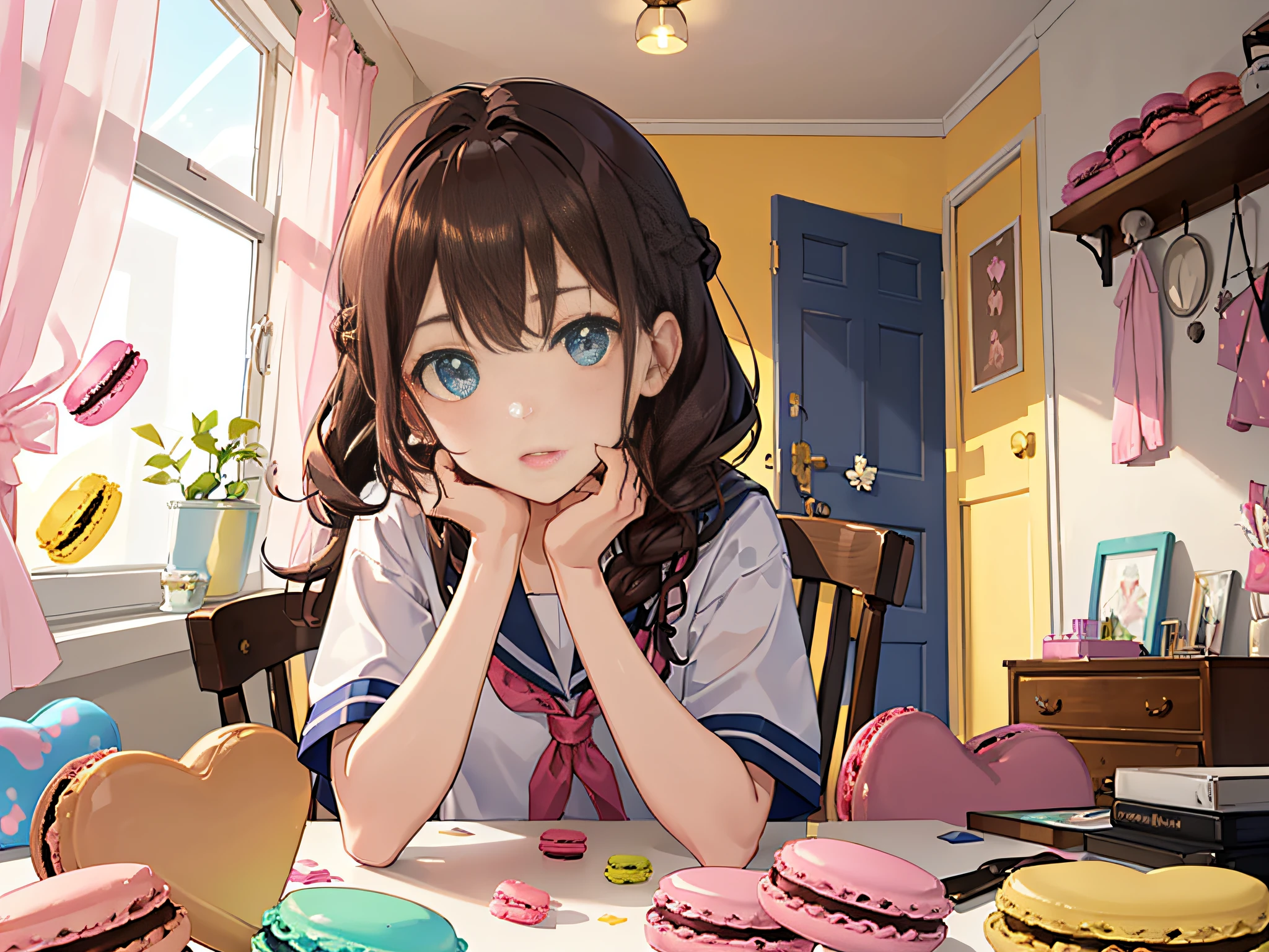 (巨作:1.2), (Ultra-detailed:1.2), (Perfect details), (Extremely fine and beautiful:1.1), Beautiful face, Beautiful eyes, Dramatic lighting, voluminetric lighting, A cute girl, 1girll, Solo, Brown hair, french braid, bangs, Medium hair, Blue eyes, sailor uniformm, shortsleeves, Black pantyhose, Upper body, Sitting, Crossed legs, table, chair, (((( pink kawaii room )))),(((Messy room, Marchen ,macaron,sweets,heart item,star item, small window))),((Miscellaneous goods are placed in a mess:1.5)), Dresser, antimacassar