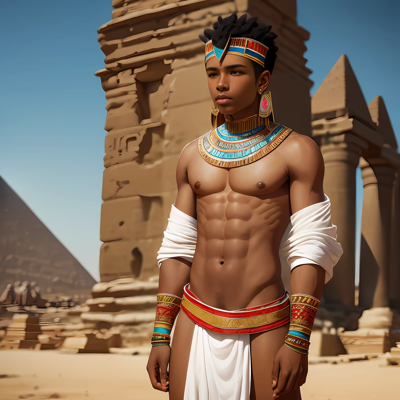 male prince Egyptian manly with typical costume back naked body marked abdomen marked groin marked wears tribal suit white fabric very short brown skin delicate face mestizo straight black hair that reaches his mouth, in the background you can see the pyramids of Egypt and ancient palaces