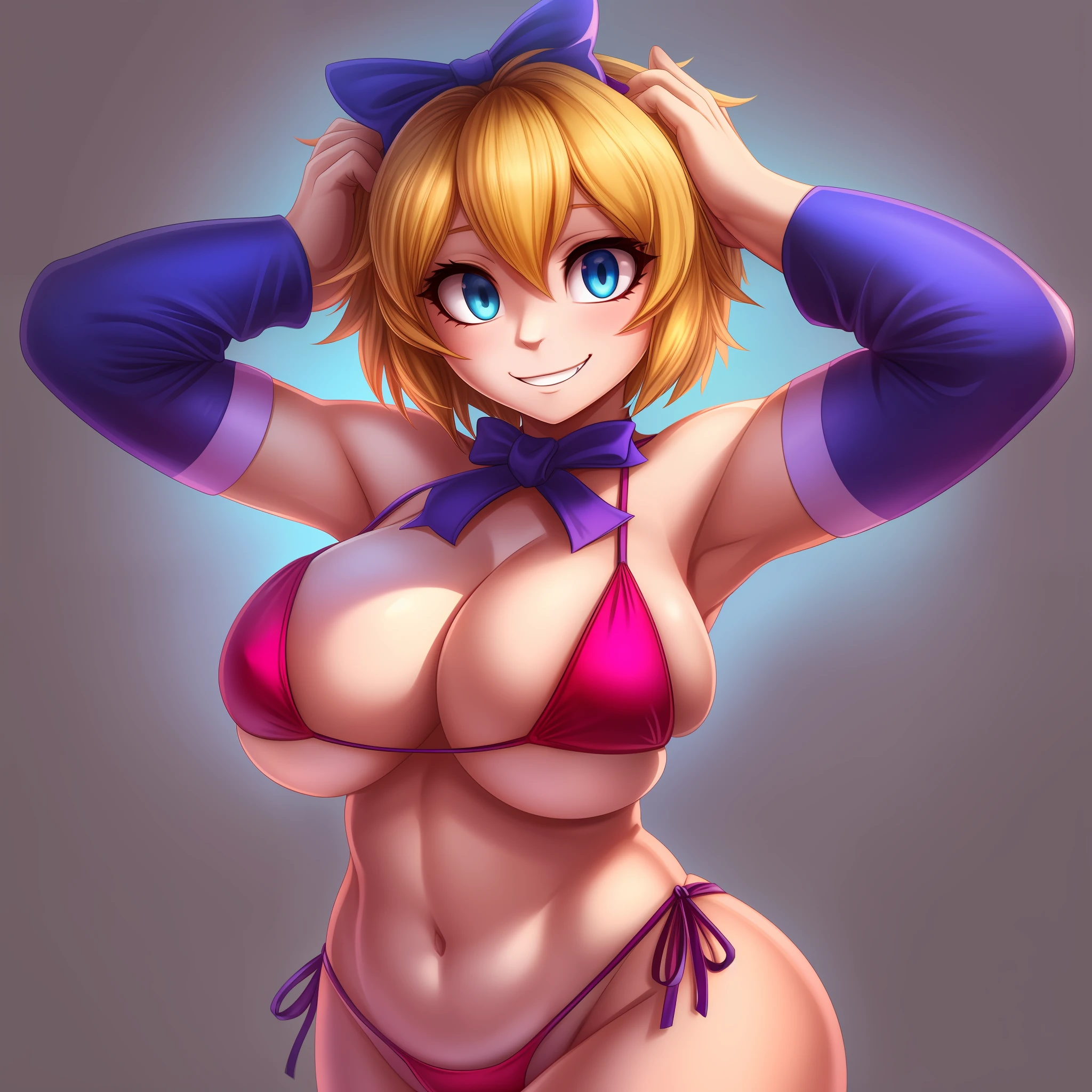 masterpiece, best quality, (Medicine Melancholy:1),1girl, blonde hair, short hair,ribbon,blue eyes,bow,grey background, huge breasts, large breasts, evil grin, looking at viewer, thick eyelashes, red, seductive smile,, heart-shaped pupils, micro bikini, sexy, girl, wide hips, sexy, beautiful, gorgeous, voluptuous, (thigh high socks), beautiful face, (((arms up))), (((hands on her head))), bikini, seminude, extreme beauty, {{{Masterpiece}}}, {{{detailed}}} {{{high Resolution}}}, colorful, {{{cinematic lighting}}}, {{detailed}}, 4K, Touhou, Medicine Melancholy,