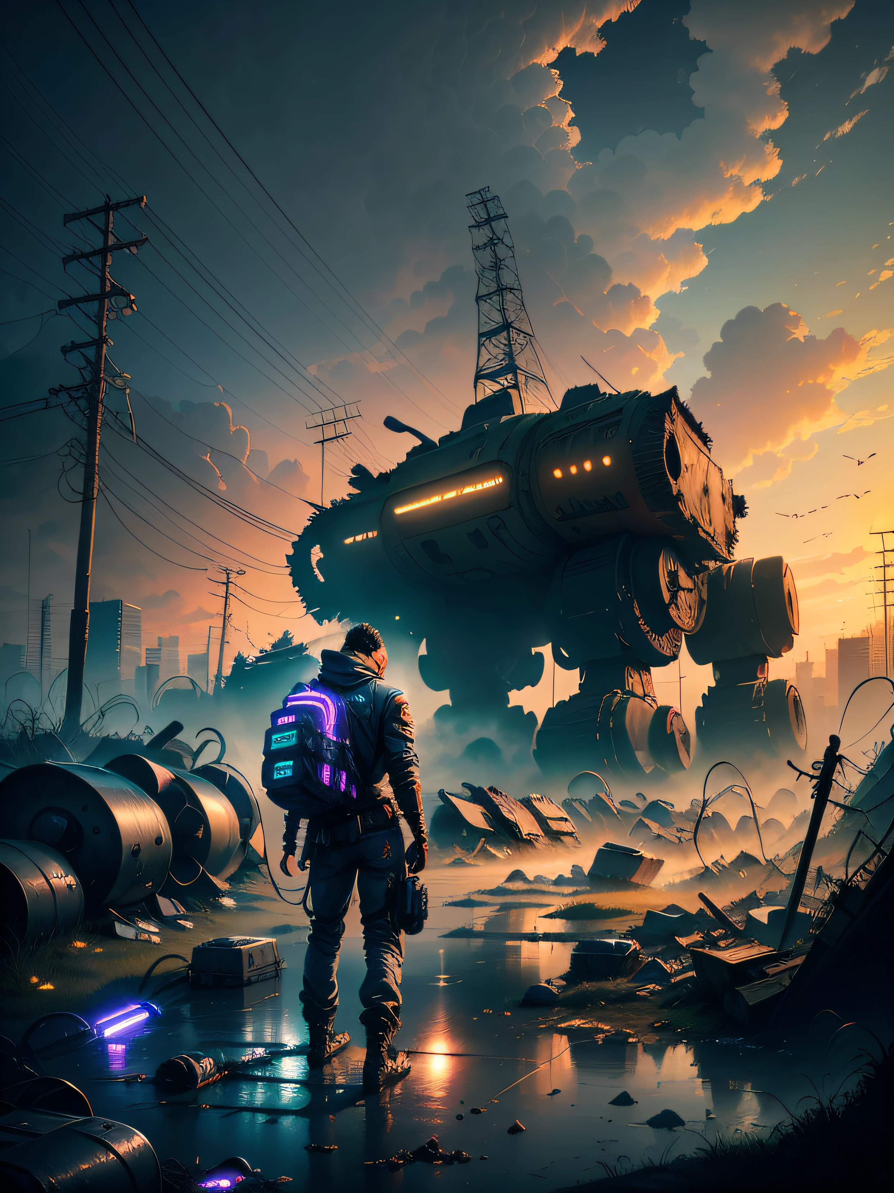 (wide view), wasteland, city ruins, (a man in front of ((huge mech wreckage)), dim light, streets, collapsed utility poles, scattered power lines, electric sparks, tattered future vehicles, garbage heaps, standing water in the big beach, rocks, dense weeds, dense dust smoke, ruined neon lights, heavy clouds, dusk, high quality, (super fine), (light detailed), detailed, accurate, 16k resolution, master works, (movie lights) , (cyberpunk style), dynamic perspective