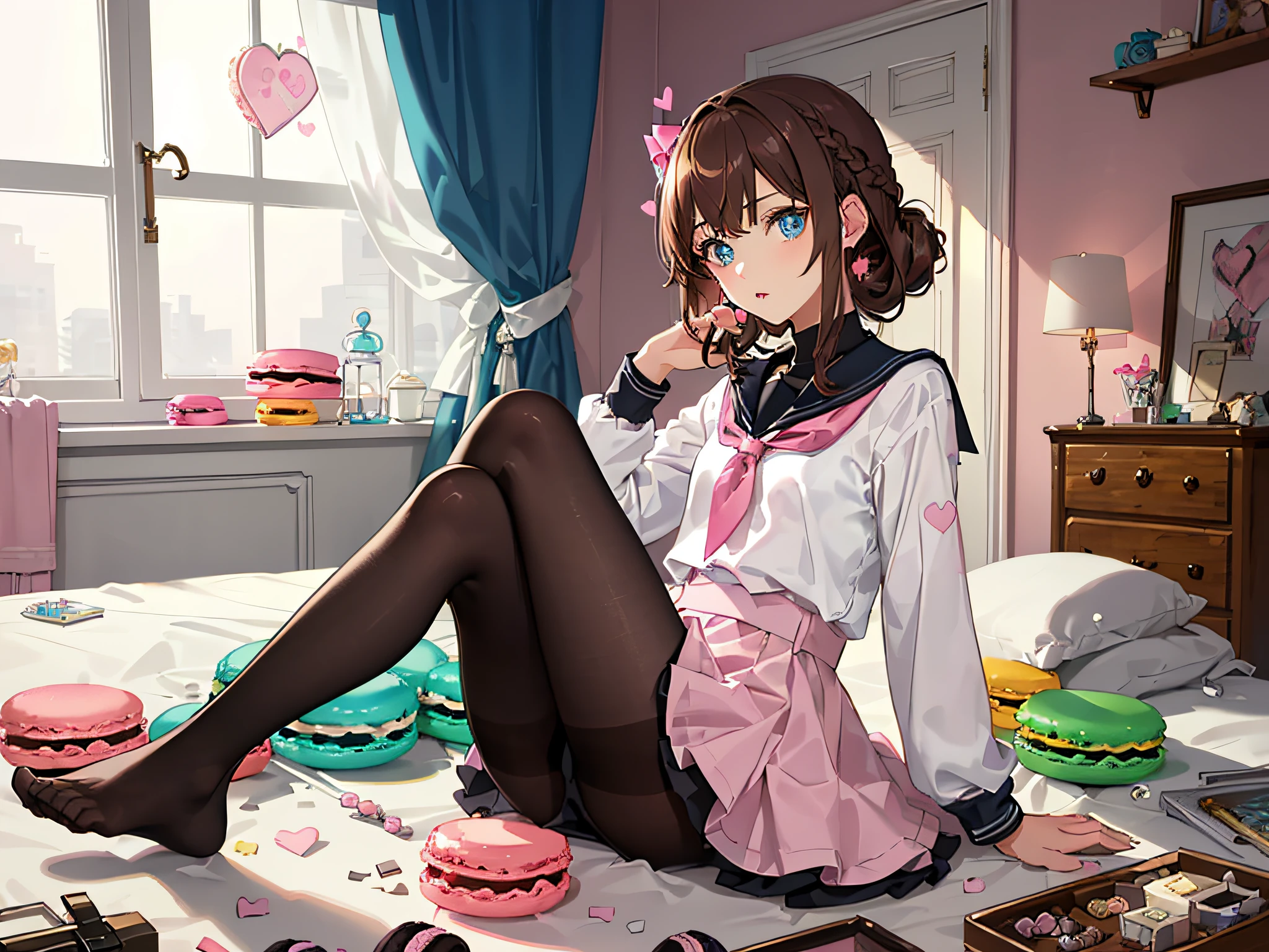 (巨作:1.2), (Ultra-detailed:1.2), (Perfect details), (Extremely fine and beautiful:1.1), Beautiful face, Beautiful eyes, Dramatic lighting, voluminetric lighting, A cute girl, 1girll, Solo, Brown hair, french braid, bangs, Medium hair, Blue eyes, sailor uniformm, shortsleeves, Black pantyhose, Upper body, Sitting, Crossed legs, table, chair, (((( pink kawaii room )))),(((Messy room, Marchen ,macaron,sweets,heart item,star item, small window))),((Miscellaneous goods are placed in a mess:1.5)), Dresser, antimacassar