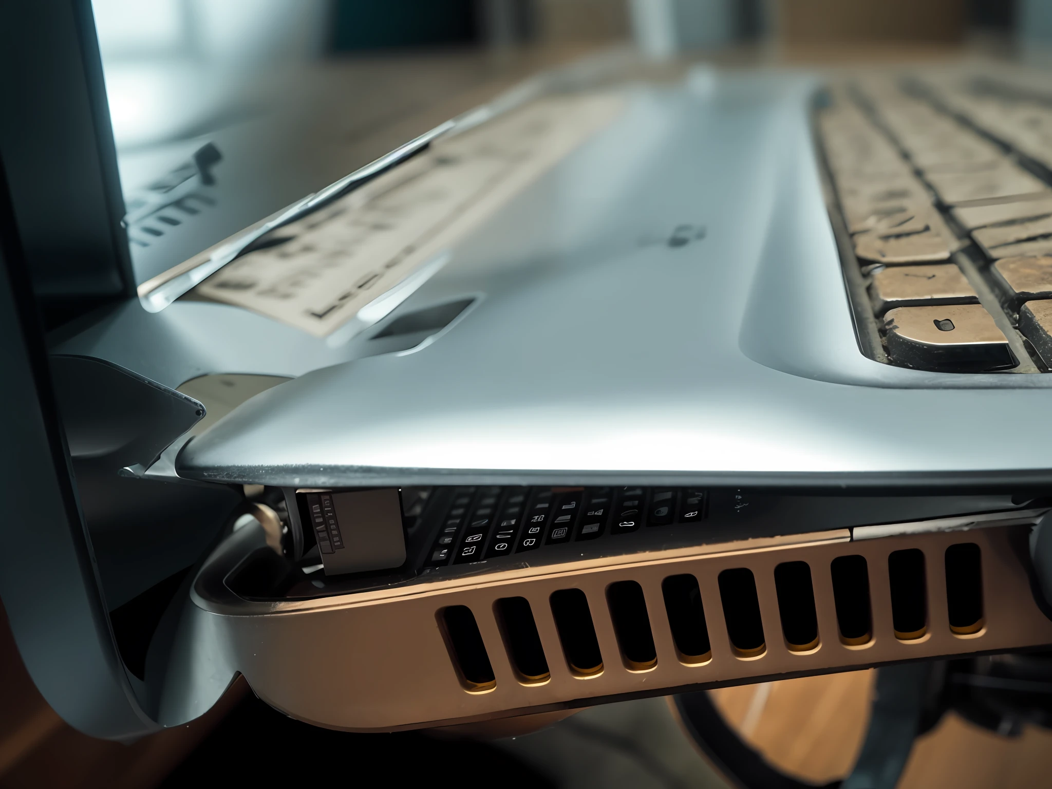 There is a portable computer that is connected to a charger, bottom angle, Broken laptop screen, imagem de Webcam danificada, profile close-up view, Vista lateral centralizada, mid closeup, tiro de close-up, close up tiro do lado, close up angle, Foto O Closeup, Frente cheia, cintura - tiro, muito perto - tiro acima, laptop, up-angle view, nitidamente detalhado