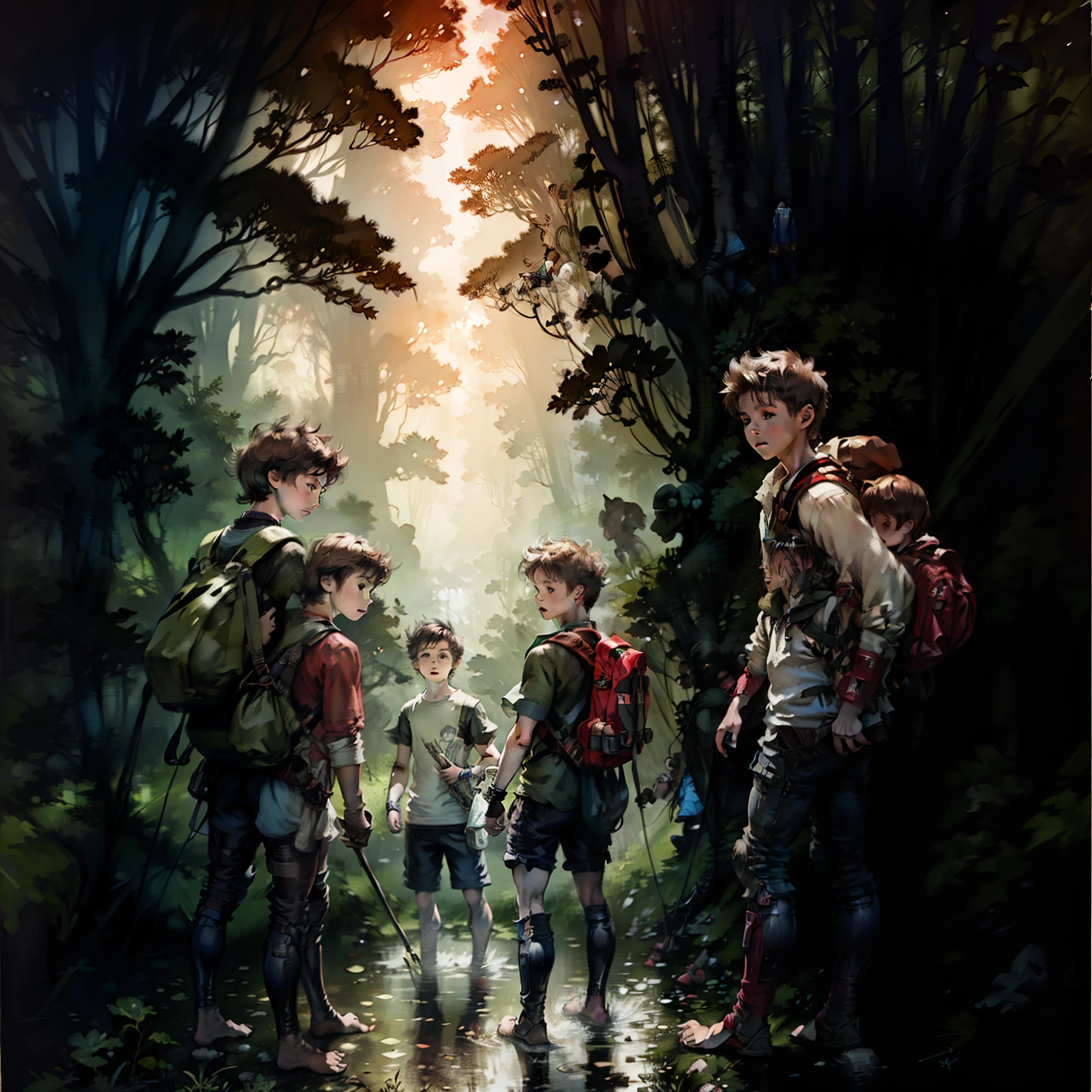 Dois cabelos escuros, -yeld boaccompanying three children trange forest full of streams and obstacles, The three children wear old clothes and are barefoot while the two 11-year-old boys rryackpa imagem bem detalhada, imagem de costas