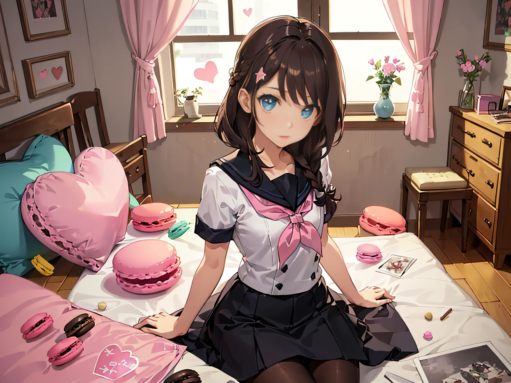 (巨作:1.2), (Ultra-detailed:1.2), (Perfect details), (Extremely fine and beautiful:1.1), Beautiful face, Beautiful eyes, Dramatic lighting, voluminetric lighting, A cute girl, 1girll, Solo, Brown hair, french braid, bangs, Medium hair, Blue eyes, sailor uniformm, shortsleeves, Black pantyhose, Upper body, Sitting, Crossed legs, table, chair, (((( pink kawaii room )))),(((Messy room, Marchen ,macaron,sweets,heart item,star item, small window))),((Miscellaneous goods are placed in a mess:1.5)), Dresser, antimacassar
