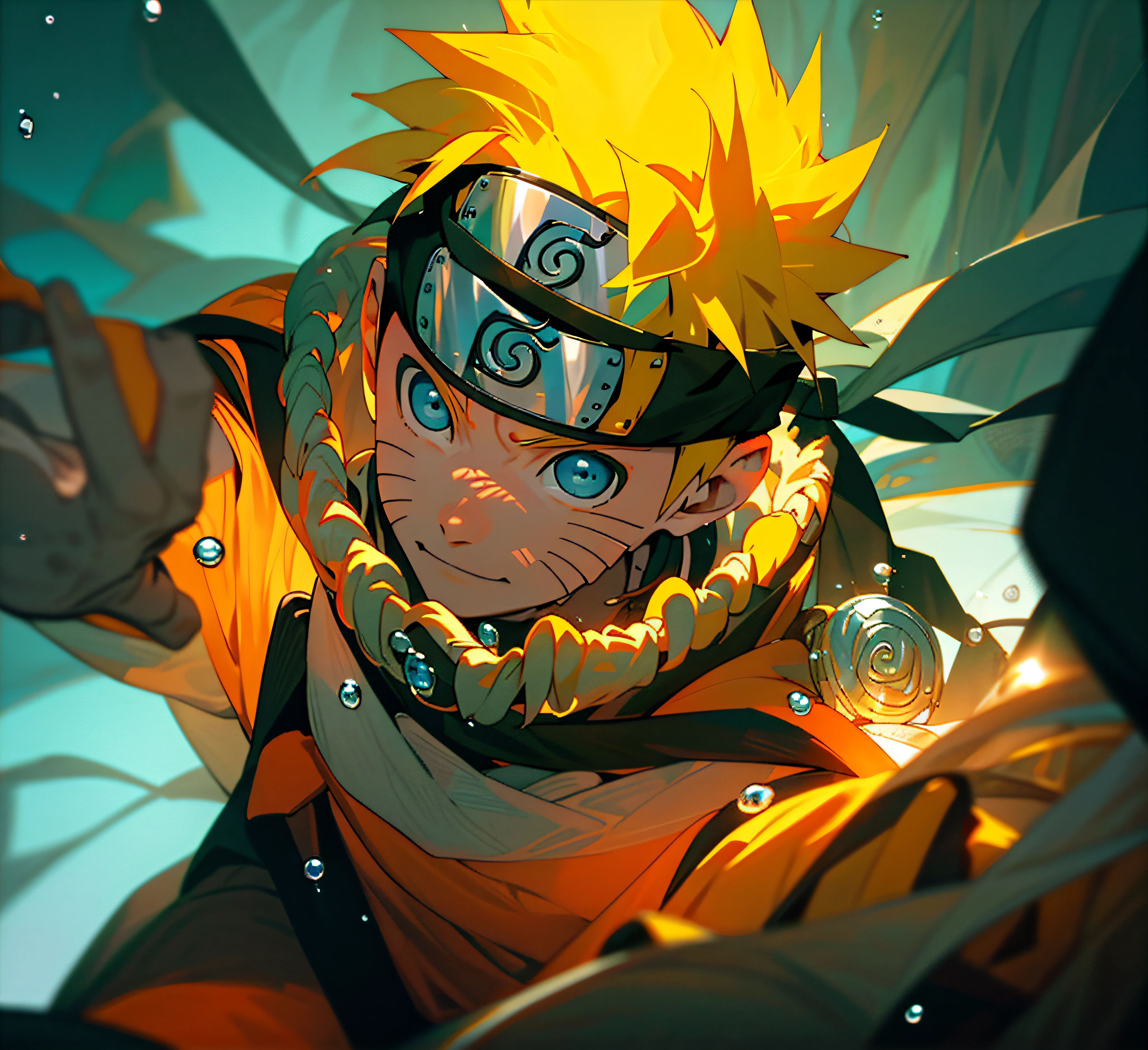 Naruto Uzumaki, 1boy, Male Focus, Masterpiece, Best Quality, (Portrait, Close-up), Looking at the Viewer, Shadows and Light, Blurred Foreground, Konoha Academy Symbol, Indoor, Water Drops, Blue Eyes, In Bed, Gentle Light Smile