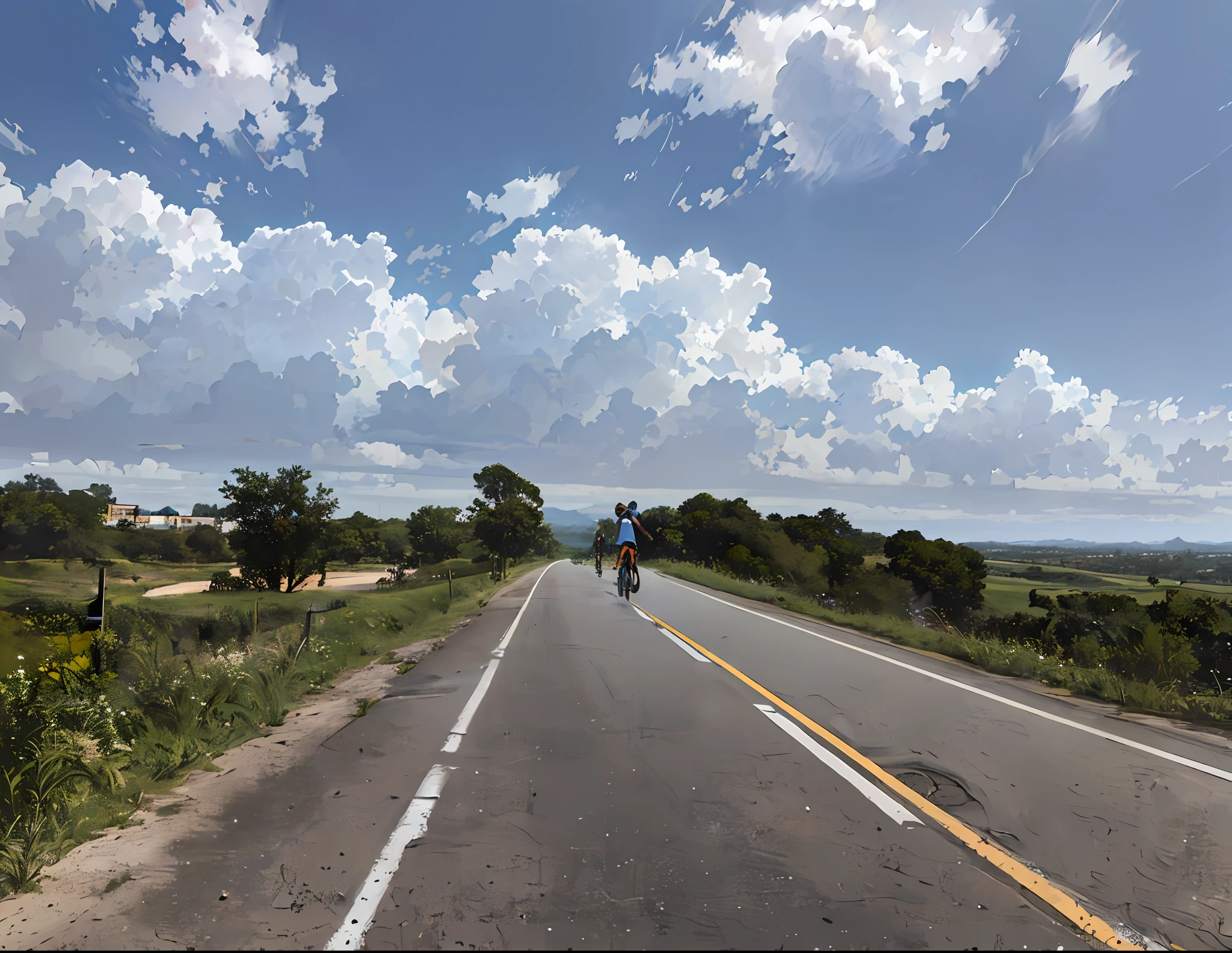 There's a man pedaling a bike in the middle of the road, Andar na estrada, Estrada para o Mar, em uma estrada, uma estrada que leva ao farol, vista para milhas, unobstructed road, estrada montanhosa, Estradas pavimentadas, From a distance, Karla Ortiz, Estradas largas, clear skies in the distance, touring, imagem profunda, tiro largo, ciclismo, turismo, 🚲
