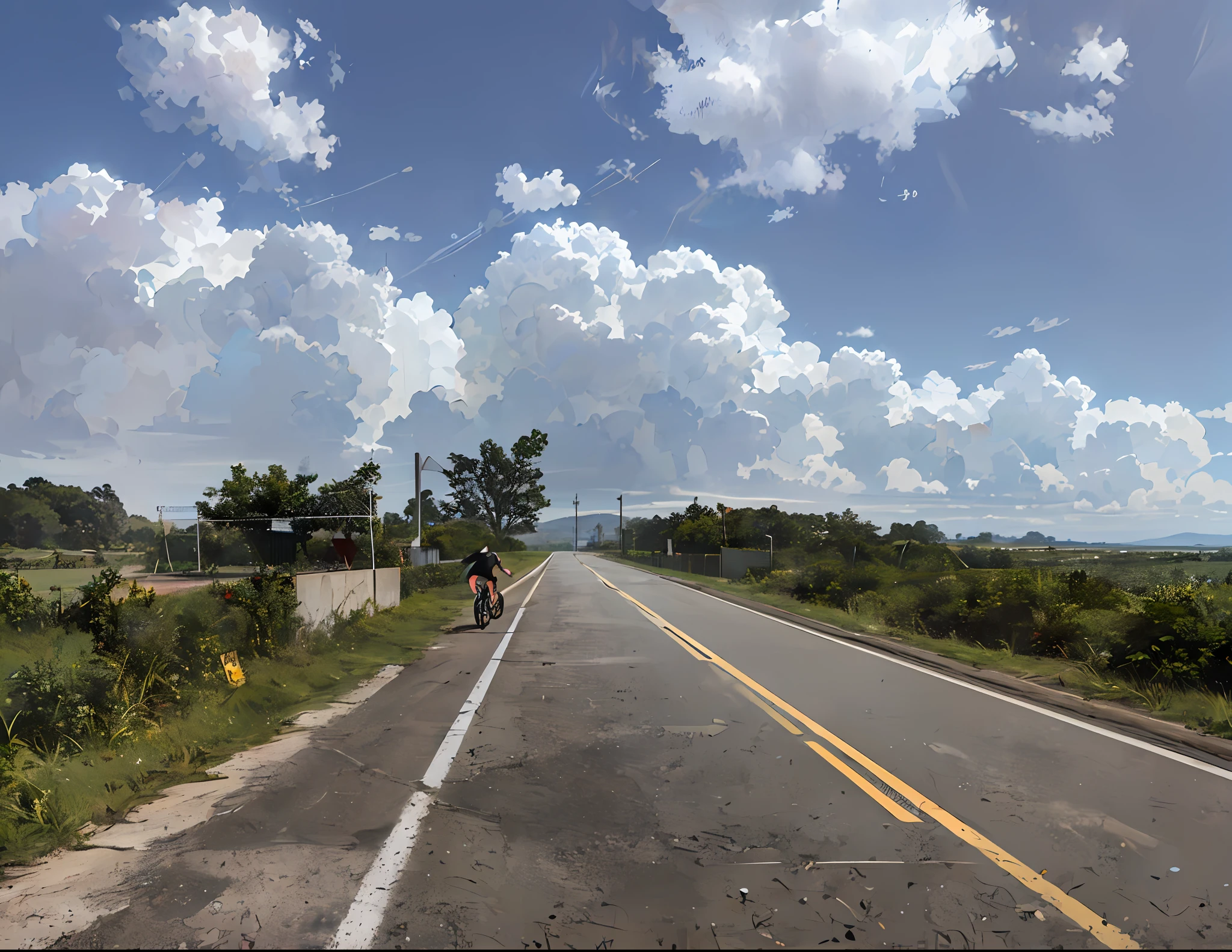 There's a man pedaling a bike in the middle of the road, Andar na estrada, Estrada para o Mar, em uma estrada, uma estrada que leva ao farol, vista para milhas, unobstructed road, estrada montanhosa, Estradas pavimentadas, From a distance, Karla Ortiz, Estradas largas, clear skies in the distance, touring, imagem profunda, tiro largo, ciclismo, turismo, 🚲