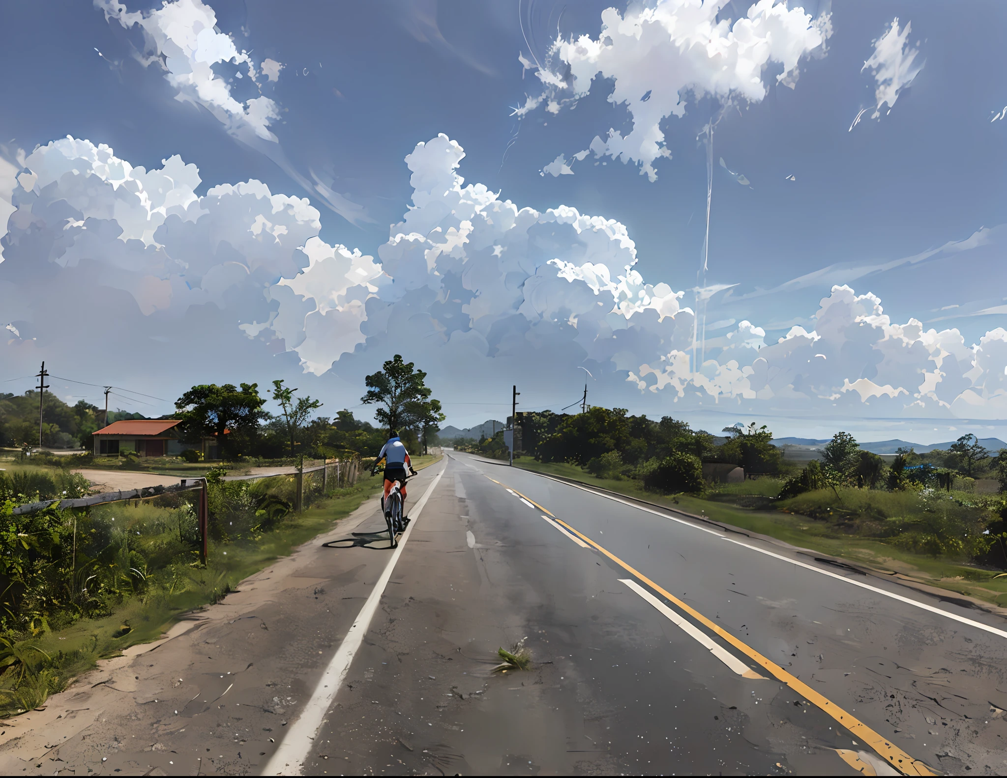 There's a man pedaling a bike in the middle of the road, Andar na estrada, Estrada para o Mar, em uma estrada, uma estrada que leva ao farol, vista para milhas, unobstructed road, estrada montanhosa, Estradas pavimentadas, From a distance, Karla Ortiz, Estradas largas, clear skies in the distance, touring, imagem profunda, tiro largo, ciclismo, turismo, 🚲