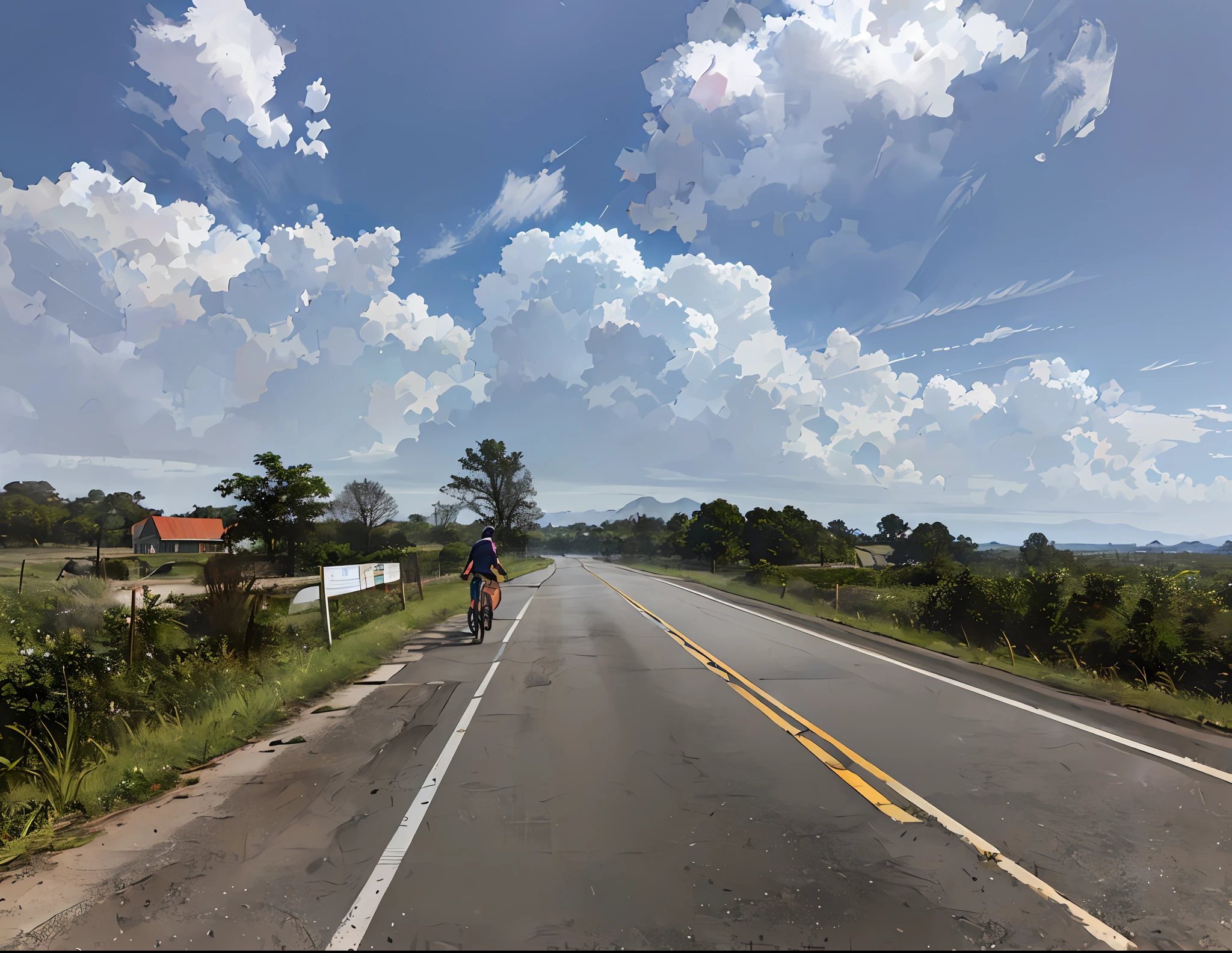 There's a man pedaling a bike in the middle of the road, Andar na estrada, Estrada para o Mar, em uma estrada, uma estrada que leva ao farol, vista para milhas, unobstructed road, estrada montanhosa, Estradas pavimentadas, From a distance, Karla Ortiz, Estradas largas, clear skies in the distance, touring, imagem profunda, tiro largo, ciclismo, turismo, 🚲