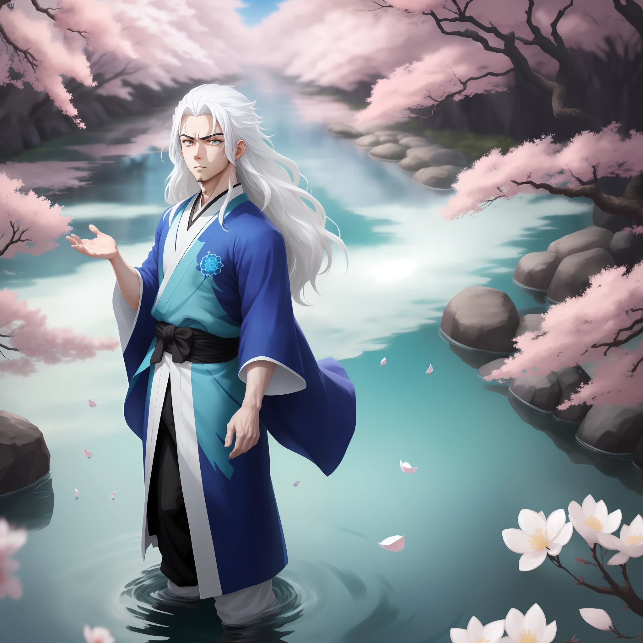 (Exquisite detail, Anime, 8k wallpaper, "Kimetsu no Yaiba" cosplay, dynamic pose, 1 handsome boy, (white hair+flowing hair:1.2), blue kimono, standing on sakura petals), surrounded by flowing water with blue reflections.