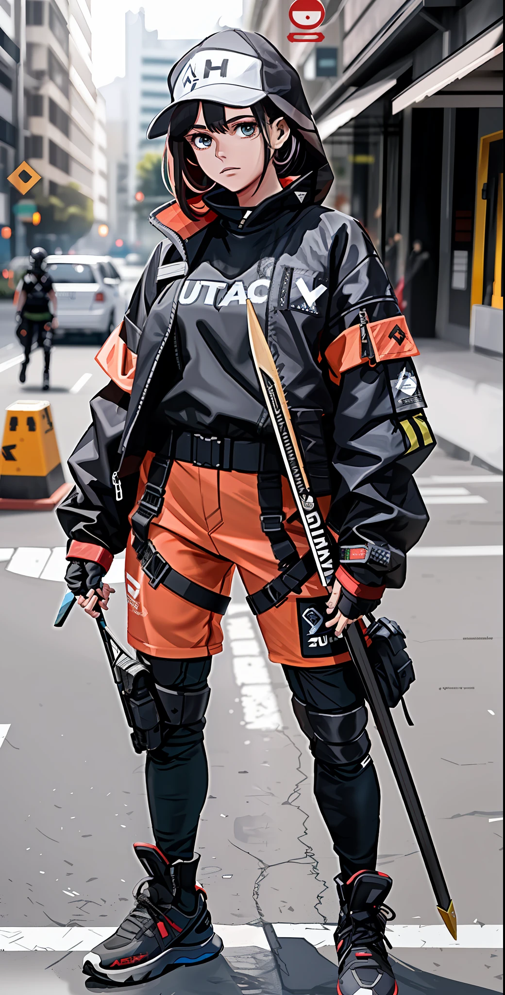 ,techwear, segurando arco e flecha apontado, ((ultra detalhado ))