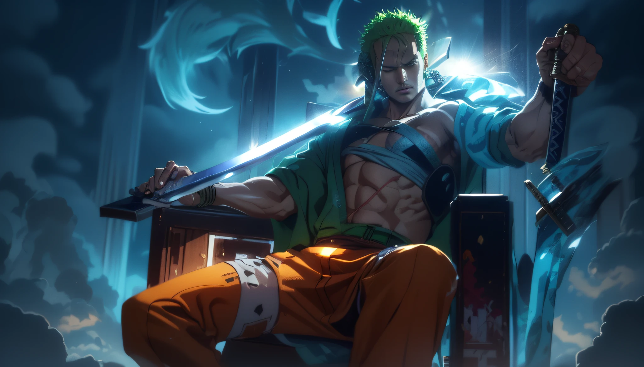 Roronoa Zoro (Masterpiece, 4k resolution, ultra-realistic, very detailed), (Theme of white samurai, charismatic, there is a swordsman next to a Japanese "isakaya" bar, wearing a blue kimono with cloud details on the "obi" track, he is commander of the first division of the leader of the mugiwara band, work "One Piece"), [ ((19 years), (short green hair:1.2),  full body, (blue eyes:1.2), ((Roronoa Zoro's pose), show of strength, unsheathing with one hand his katanas enma), ((Japanese rural environment):0.8)| (rural landscape, at dusk, dynamic lights), (blinded sun)), 1 katana]. # Explanation: Prompt mainly describes a 4k painting of ultra-high definition, very realistic, very detailed. It shows a swordsman, master of the Santoryu style of katanas, wearing a blue kimono with cloud details at the waist band. The subject in the painting is a subject of a white swordsman, holding with one hand his black katana enma, the male protagonist has short green hair, is 19 years old and his entire defined body is shown in the painting, with characteristics of pumped endomorph.