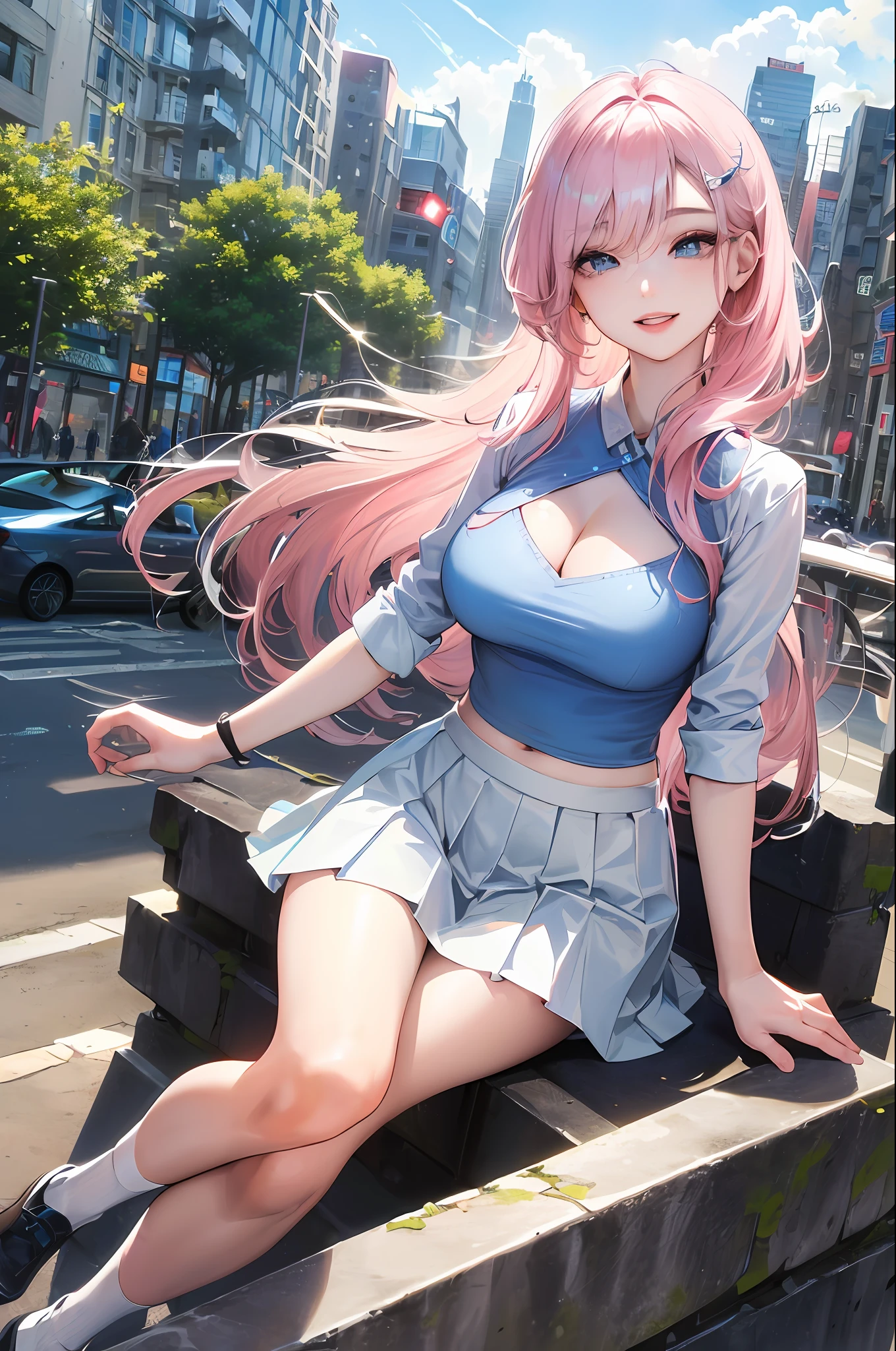 official art, masterpiece, sharp focus, (beautiful gorgeous cute Korean woman:1.3), (beautiful cute korean:1.3), korean beauty, Delicate and beautiful hair and eyes and face, realistic, ultra detailed, beautiful girl, blue sky, glow white particle, (sidelighting:1.2), sun light, white cloud, detailed clouds, slender, Lovely very large breasts and very large hips, smile with teeth, ((smile with eyes, open both eyes)), scenery, long straight hair, sexy facial expression, building, (cityscape:1.7), dynamic hair, long straight hair, detailed platinum pink hair, glow blue eyes, (blue pleated shirts + white skirt), white long socks, pale skin, hair ornament, epic scenery,