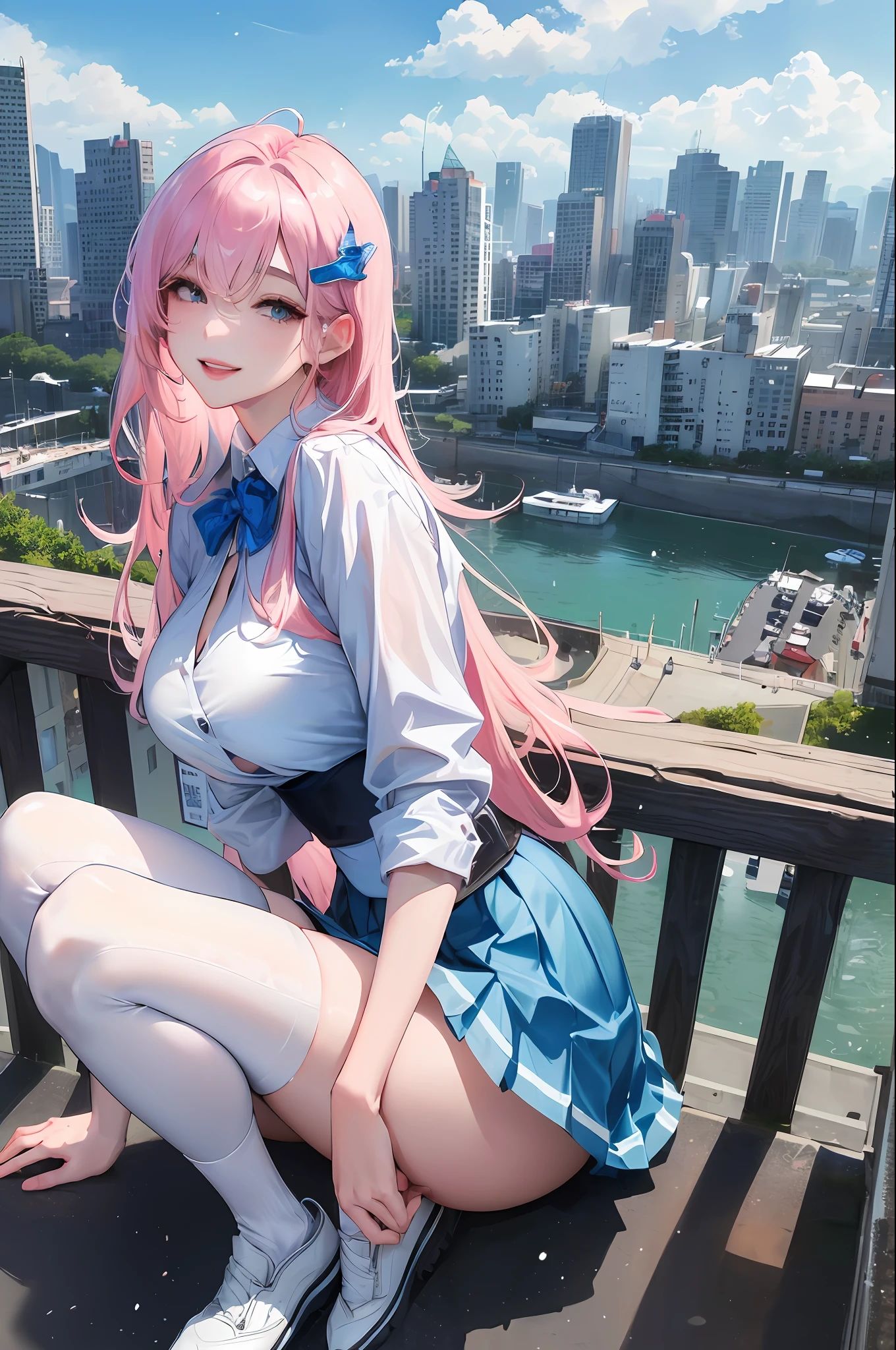 official art, masterpiece, sharp focus, (beautiful gorgeous cute Korean woman:1.3), (beautiful cute korean:1.3), korean beauty, Delicate and beautiful hair and eyes and face, realistic, ultra detailed, beautiful girl, blue sky, glow white particle, (sidelighting:1.2), sun light, white cloud, detailed clouds, slender, Lovely very large breasts and very large hips, smile with teeth, ((smile with eyes, open both eyes)), scenery, long straight hair, sexy facial expression, building, (cityscape:1.7), dynamic hair, long straight hair, detailed platinum pink hair, glow blue eyes, (blue pleated shirts + white skirt), white long socks, pale skin, hair ornament, epic scenery,