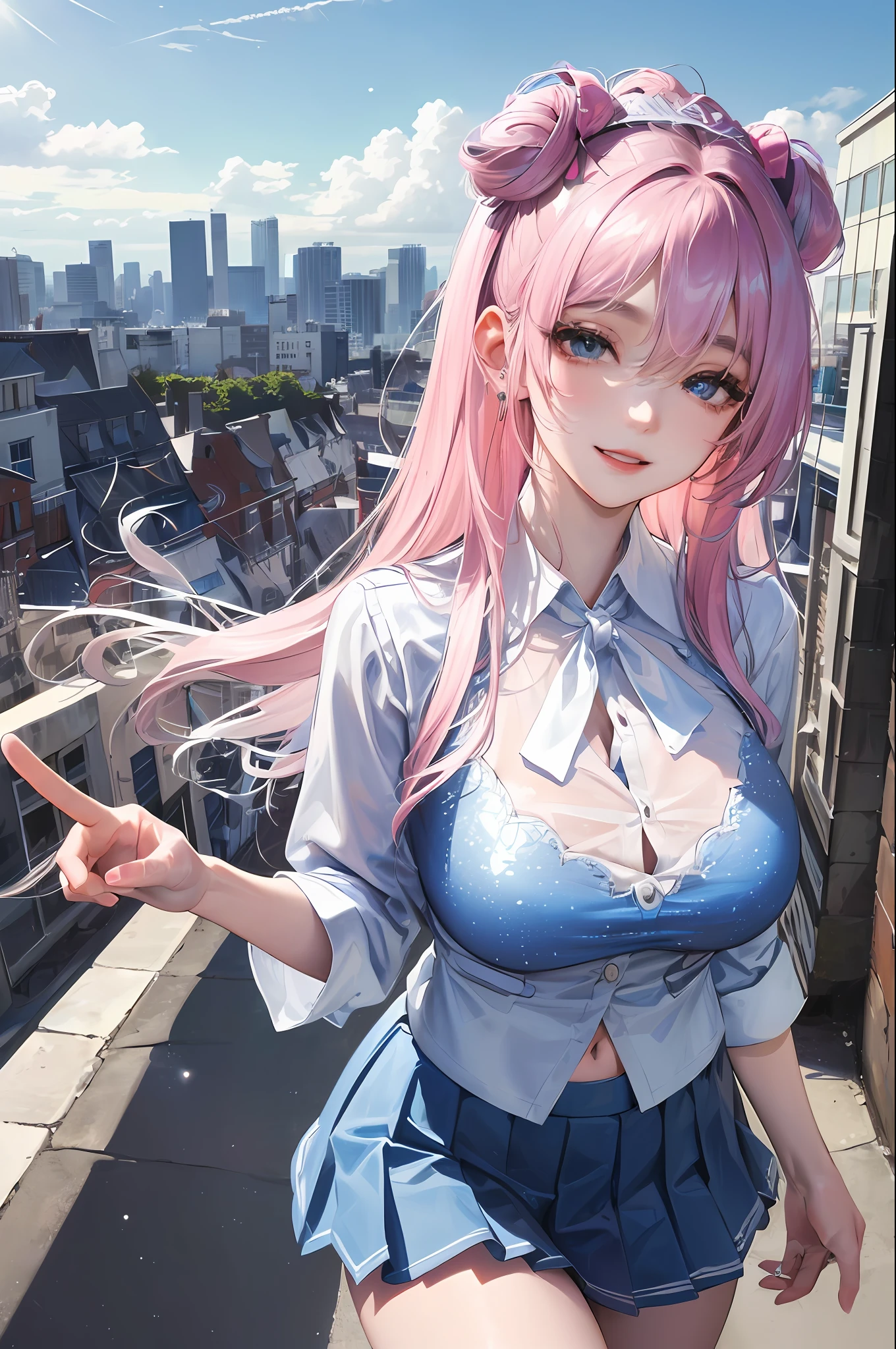 official art, masterpiece, sharp focus, (beautiful gorgeous cute Korean woman:1.3), (beautiful cute korean:1.3), korean beauty, Delicate and beautiful hair and eyes and face, realistic, ultra detailed, beautiful girl, blue sky, glow white particle, (sidelighting:1.2), sun light, white cloud, detailed clouds, slender, Lovely very large breasts and very large hips, smile with teeth, ((smile with eyes, open both eyes)), scenery, long straight hair, sexy facial expression, building, (cityscape:1.7), dynamic hair, long straight hair, detailed platinum pink hair, glow blue eyes, (blue pleated shirts + white skirt), white long socks, pale skin, hair ornament, epic scenery,