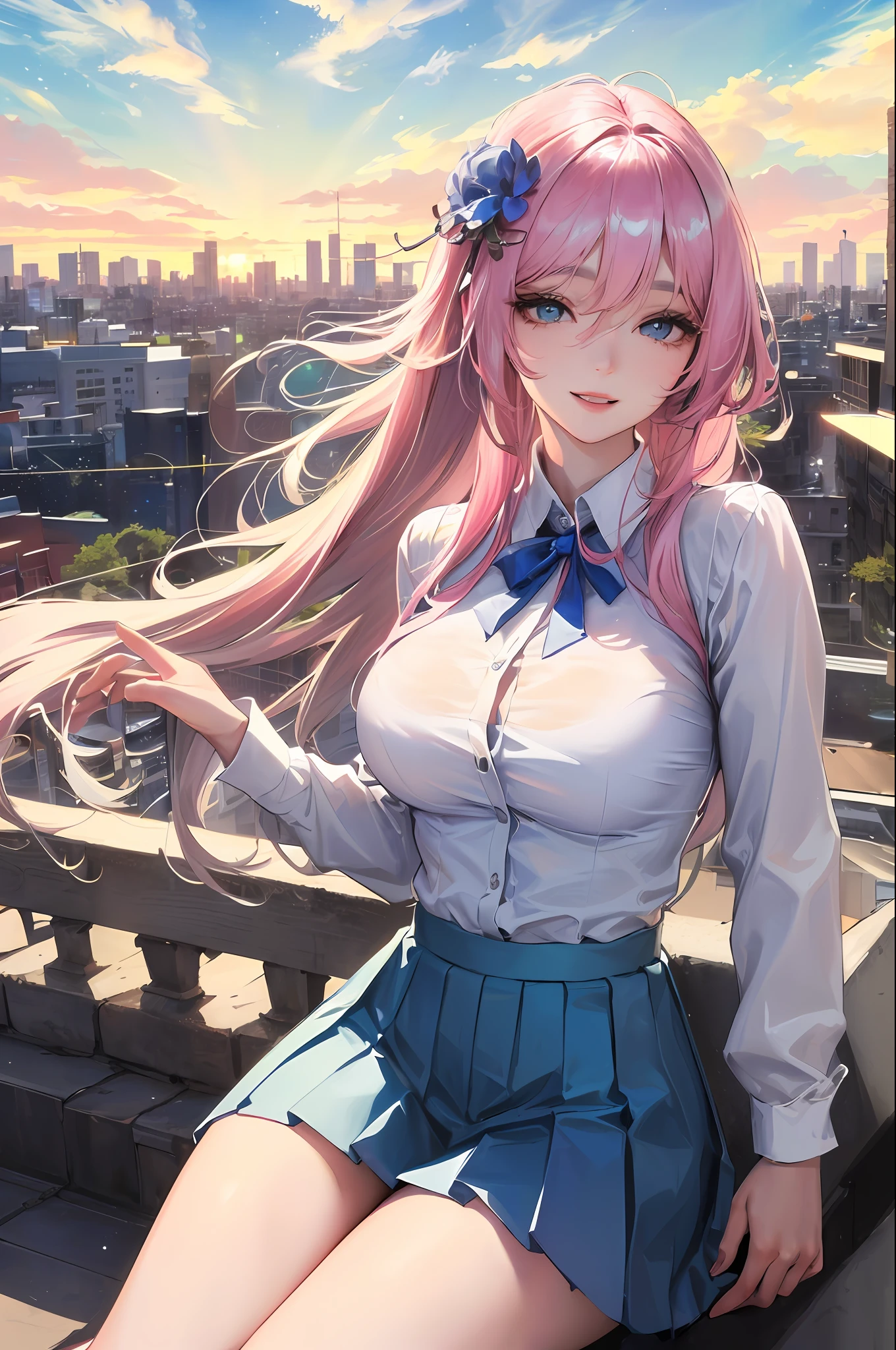 official art, masterpiece, sharp focus, (beautiful gorgeous cute Korean woman:1.3), (beautiful cute korean:1.3), korean beauty, Delicate and beautiful hair and eyes and face, realistic, ultra detailed, beautiful girl, blue sky, glow white particle, (sidelighting:1.2), sun light, white cloud, detailed clouds, slender, Lovely very large breasts and very large hips, smile with teeth, ((smile with eyes, open both eyes)), scenery, long straight hair, sexy facial expression, building, (cityscape:1.7), dynamic hair, long straight hair, detailed platinum pink hair, glow blue eyes, (blue pleated shirts + white skirt), white long socks, pale skin, hair ornament, epic scenery,