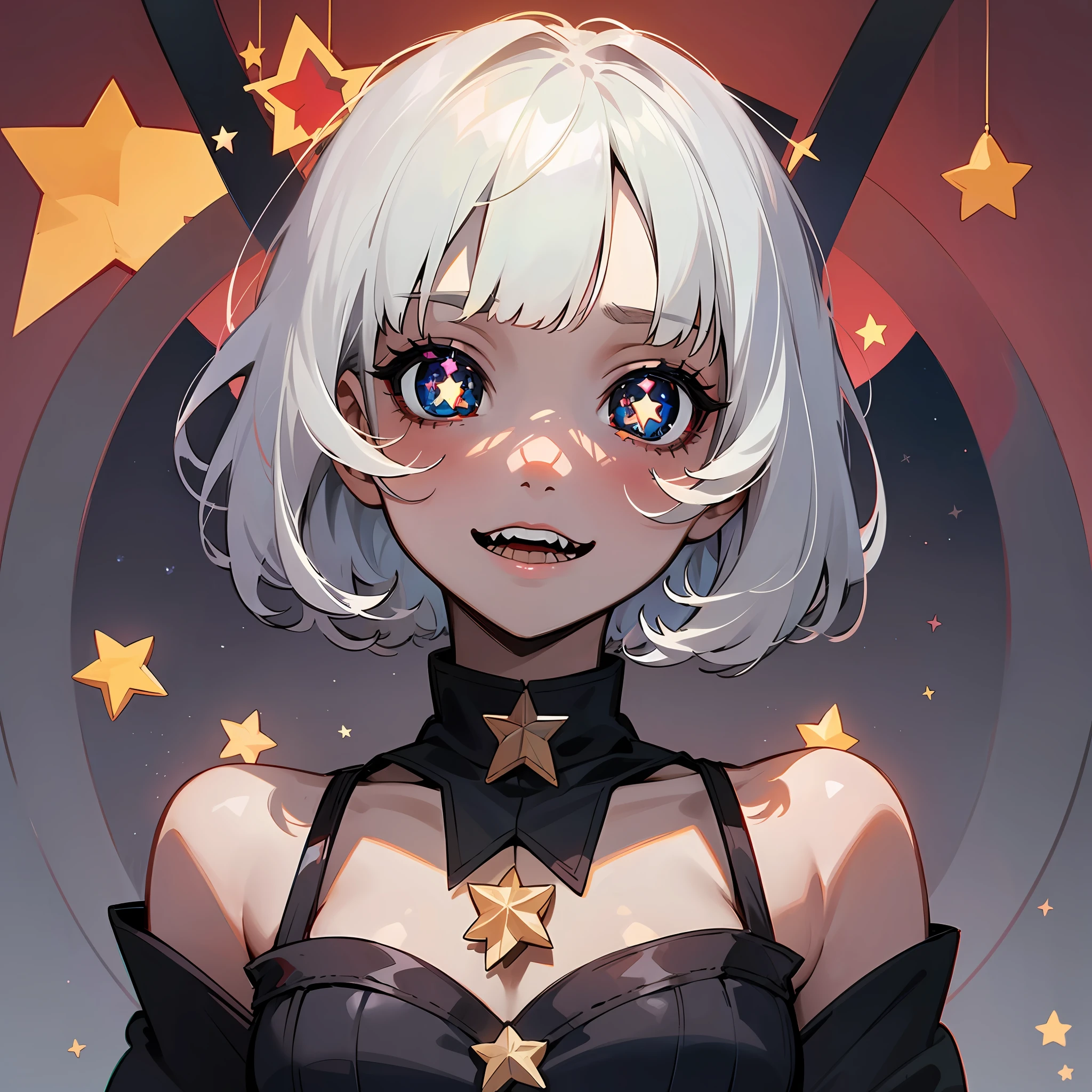 A cute girl with short white hair with bangs, ((star-shaped pupils:1.4)), pupils in symbol shapes, pupils with symbols, extremely sinister gothic backdrop, as in a Paramount Studios horror movie--Niji:5 --s2