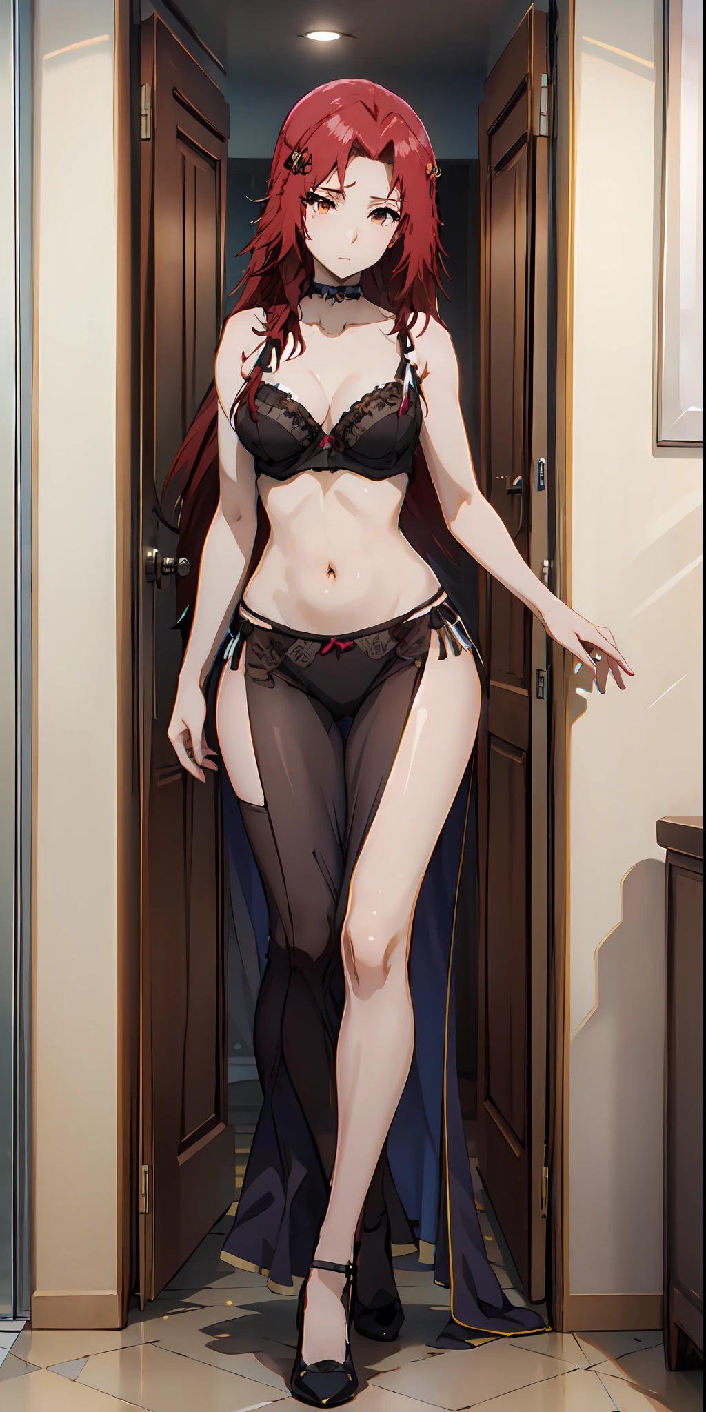 obra-prima, melhor qualidade, IrisMidgar, 1girl, solo, cabelo longo, olhos vermelhos, cabelo vermelho, lingerie, boa anatomia, corpo inteiro