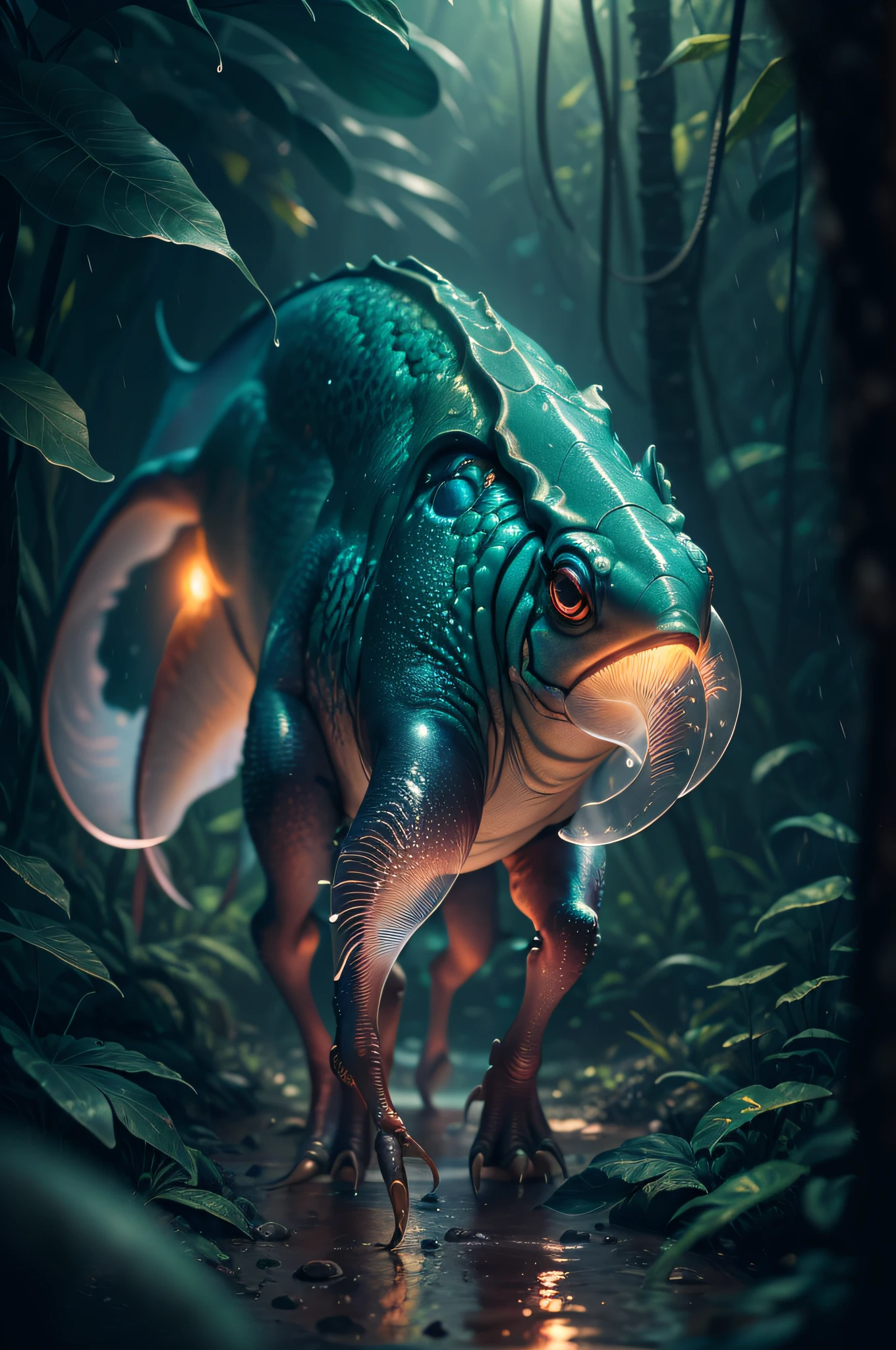 Big creature Luke dinozaur with six legs creature with transparent and lighting body, walking on all six legs, (((cuttlefish head))), ((four eyes)), six leghs, in the jungle, jungle, rain forest, high image quality, realistic look, high-resolution photography, 8K, full-frame matrix, deep shadows, ((one character)), (intricate details, subsurface scattering, hyperdetailed:1.15), (hyperrealism, volumetric lighting, sharp:1.5) Fujifilm XT3