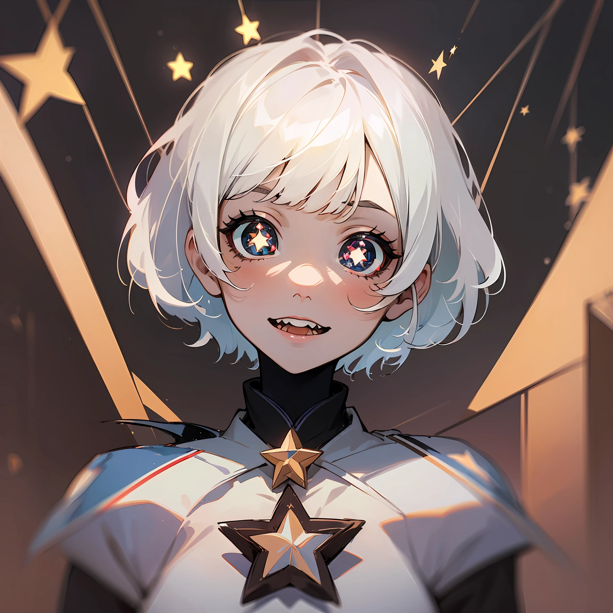 A cute girl with short white hair with bangs, ((star-shaped pupils:1.4)), pupils in symbol shapes, pupils with symbols, extremely sinister gothic backdrop, as in a Paramount Studios horror movie--Niji:5 --s2